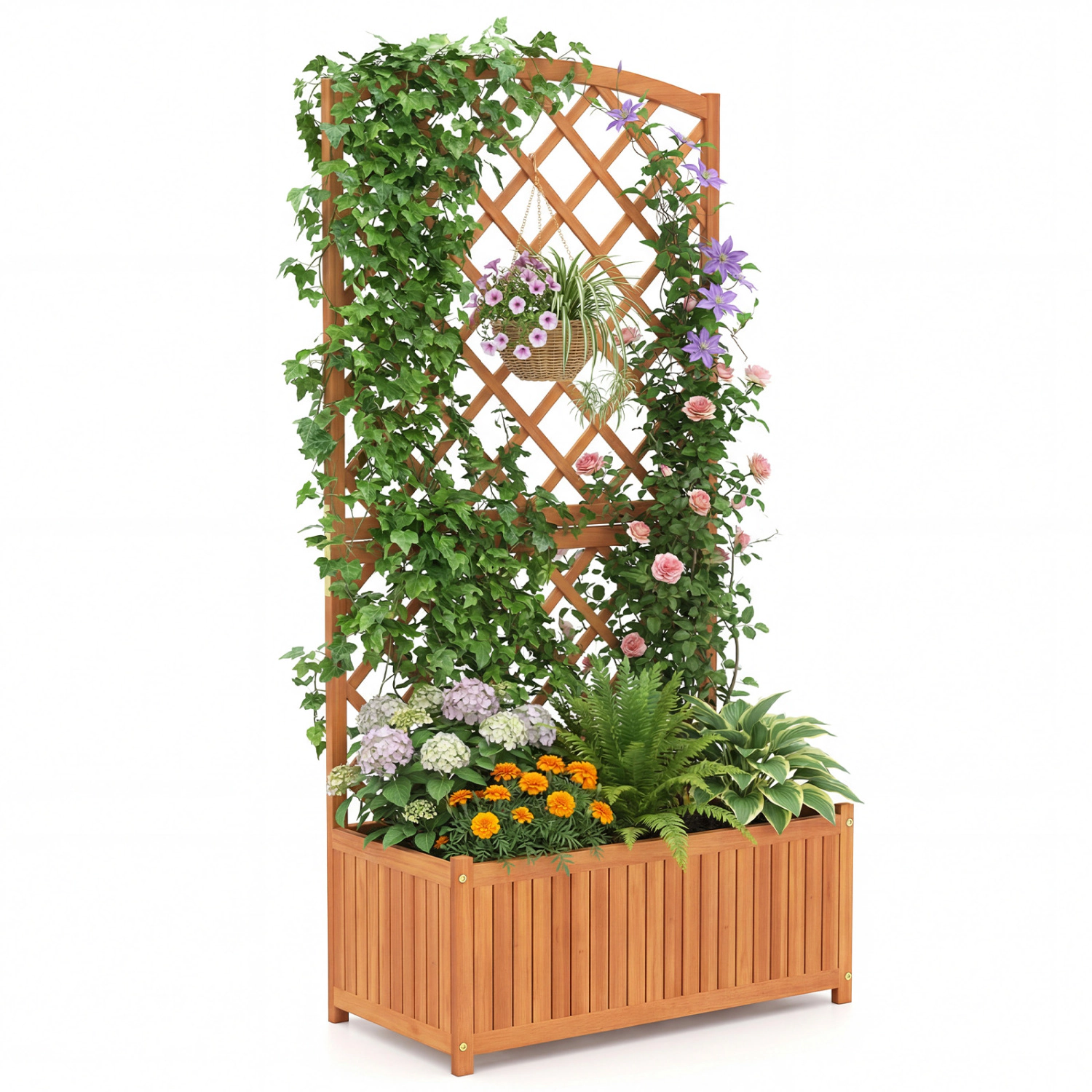 SUGIFT 63-in Tall 176-lb Capacity Acacia Wood Raised Garden Bed with Diamond Trellis and Slatted Base