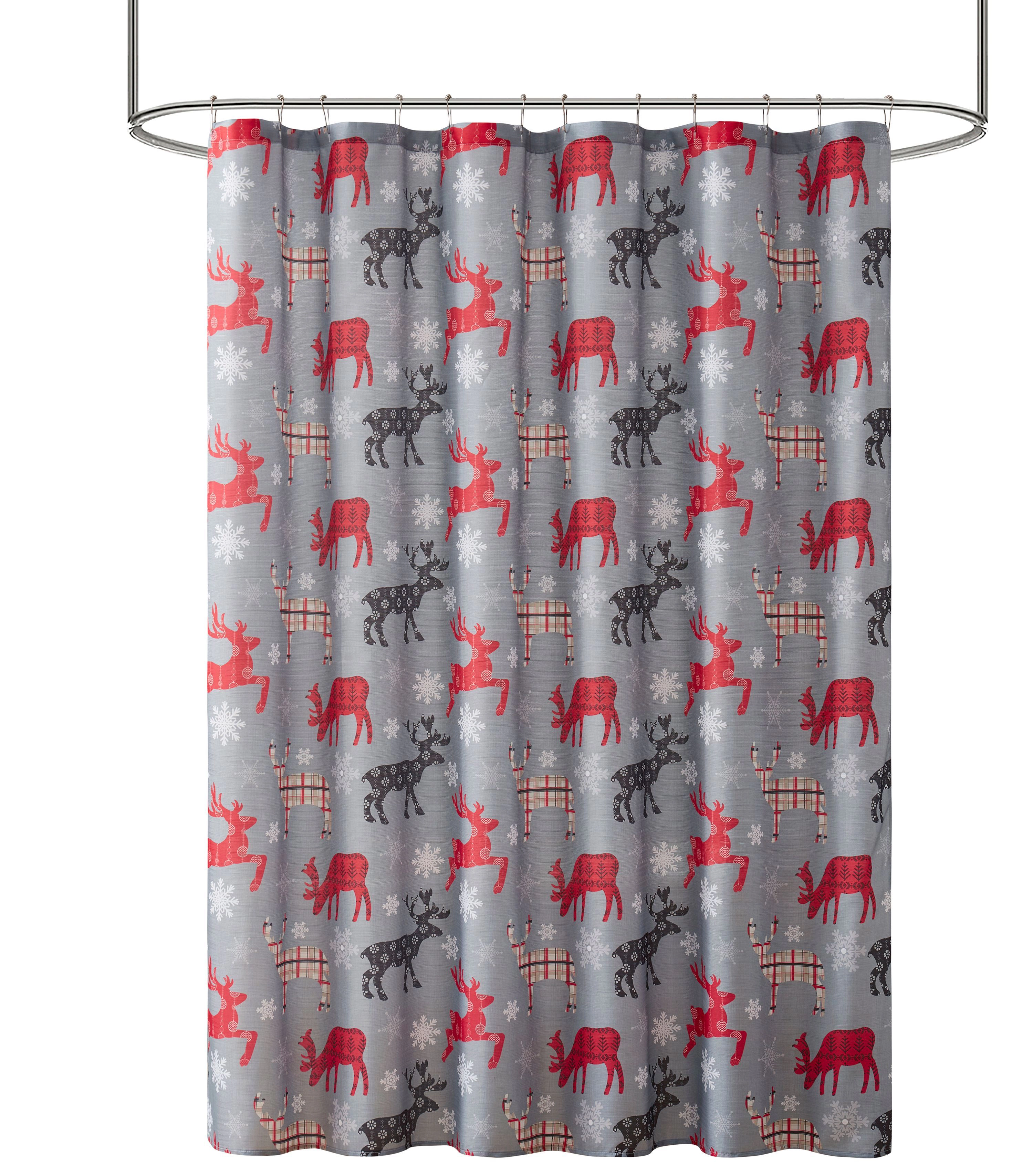 Kate Aurora Plaid Christmas Woodland Reindeer & Snowflakes Fabric Shower Curtain