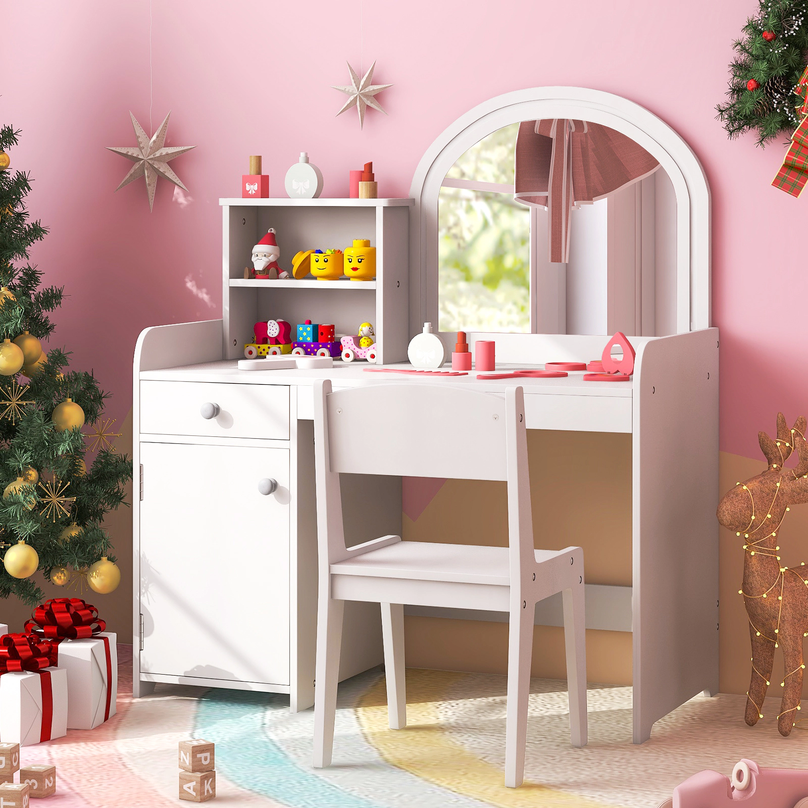 SUGIFT Kids Vanity Table and Chair Set with Shelves Drawer Cabinet and LED Mirror 110-lb Capacity Ages 3+ White