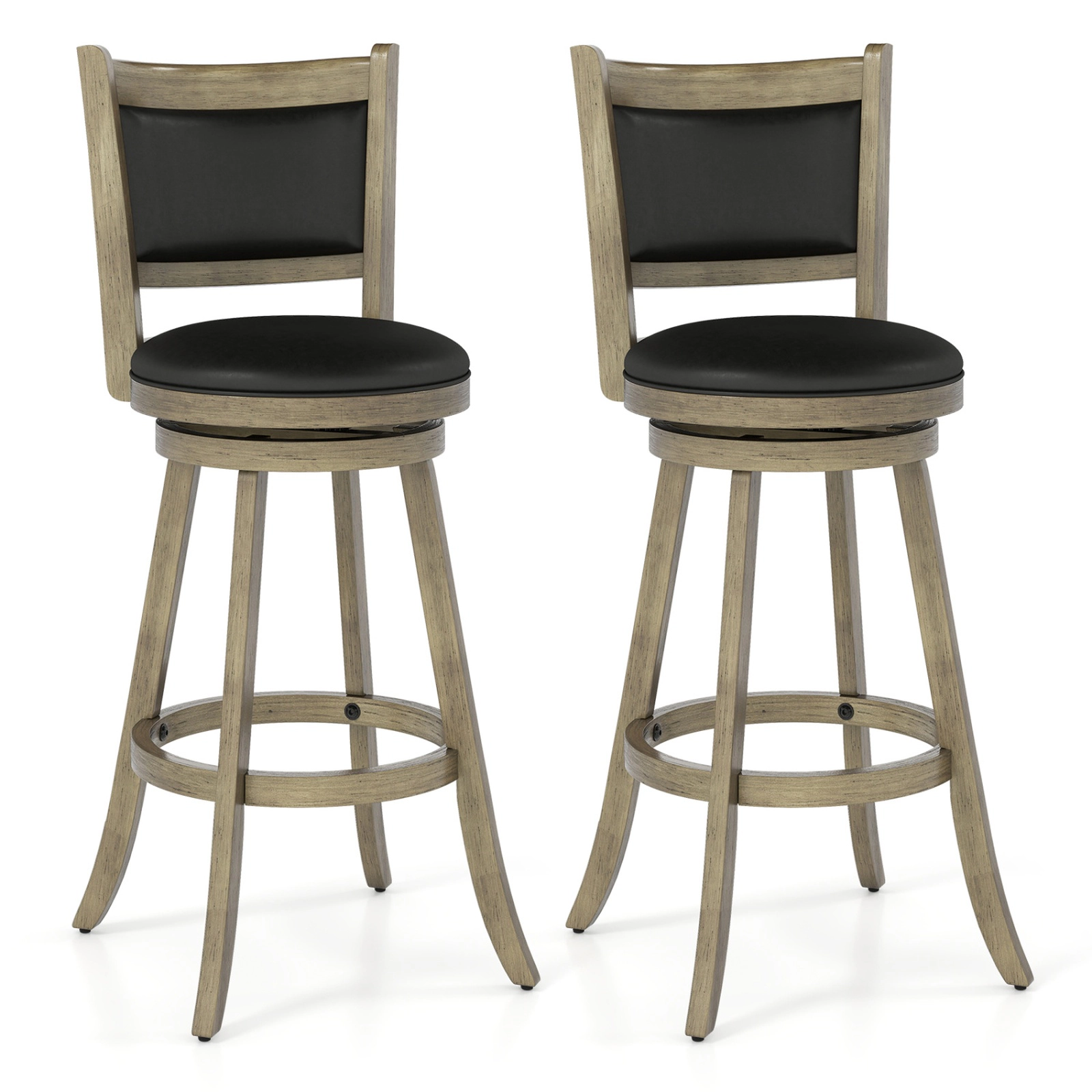 SUGIFT PVC Cushioned Seat and Backrest Set of 2 Gray 29 in Wooden Swivel Bar Stools