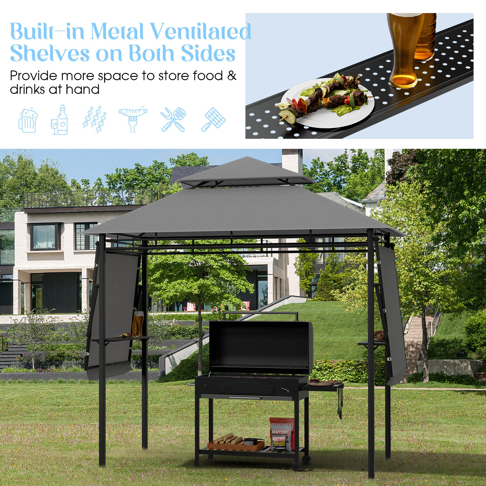 SUGIFT Patio BBQ Grill Gazebo Canopy with 2-Tier Roof and Dual Adjustable Side Awnings Beige/Gray