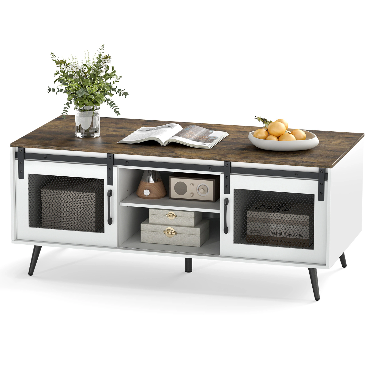 Glintex Farmhouse 48-Inch Coffee Table with Mesh Sliding Doors and Shelf, Rustic Brown + White