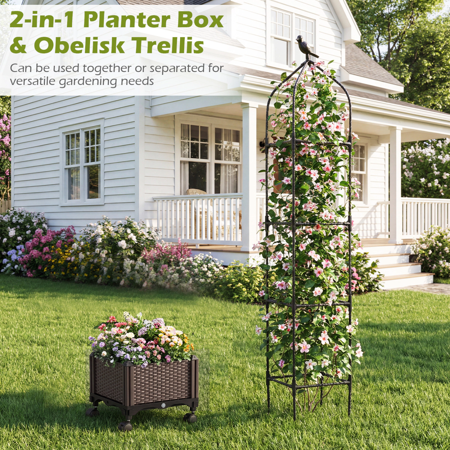 LJG Indoor Outdoor Raised Garden Bed with Trellis and Self-Drainage and Wheels