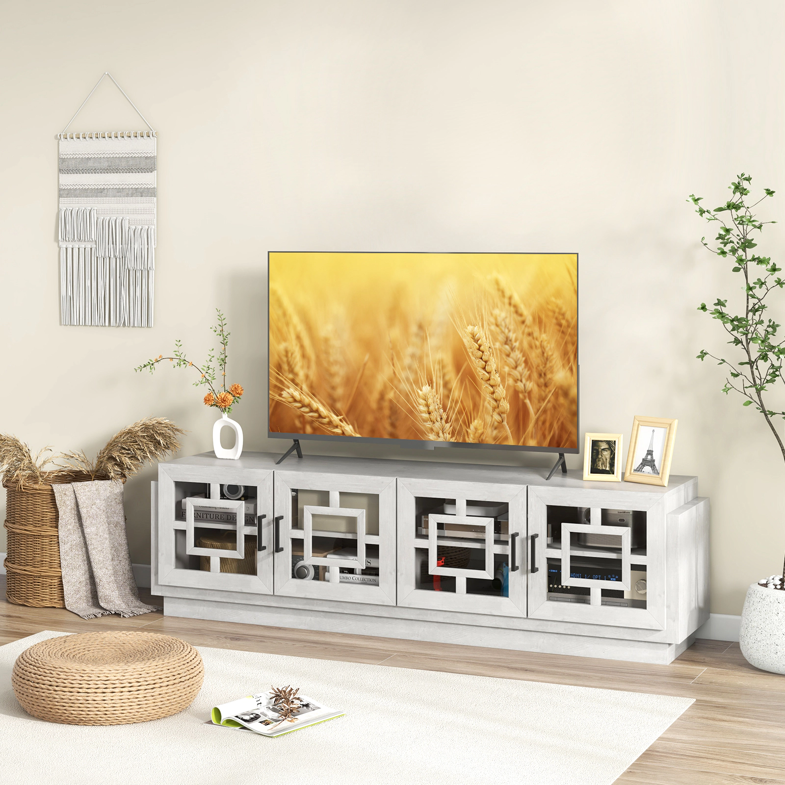 LJG 4-Door TV Stand for TVs up to 75 Inch Media Console Table with Adjustable Shelves