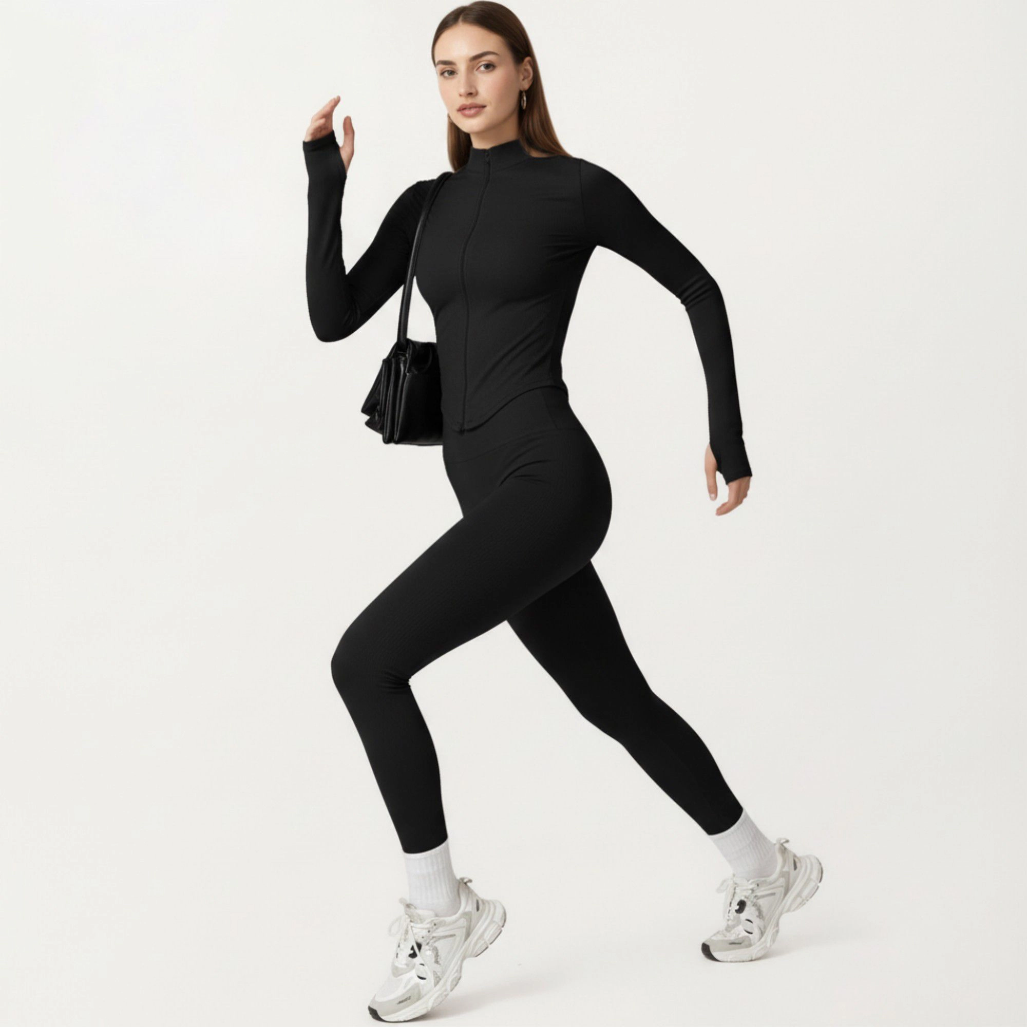 Anna-Kaci Women's Long Sleeve Zip Front Fitted Active Top with High Neck and Thumbhole Cuffs