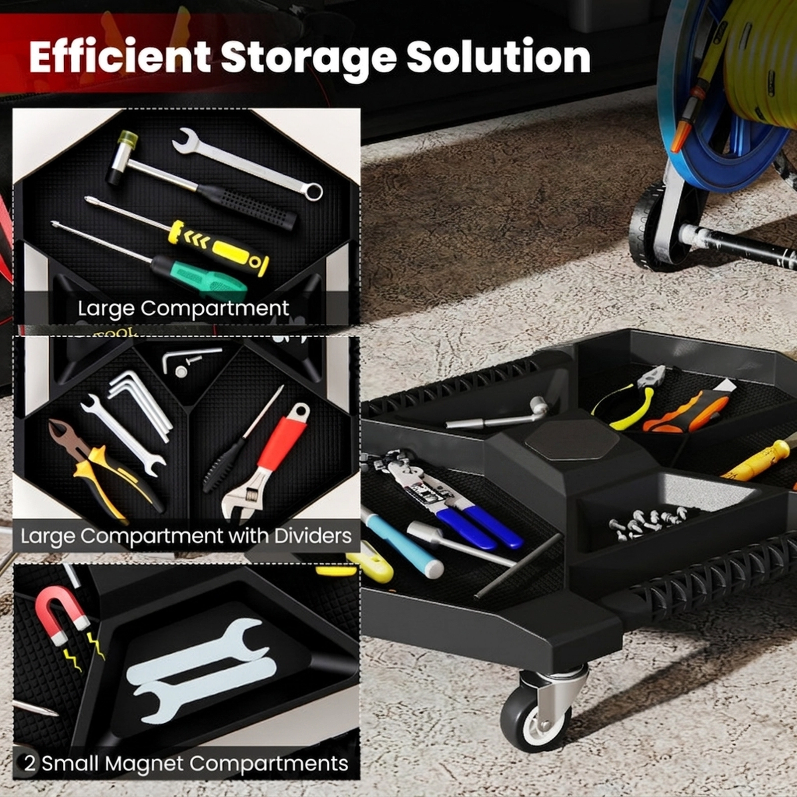 SUGIFT 4-Compartment Rolling Tool Creeper Shelving Unit with 4 Swivel Casters 30-lb Capacity Black