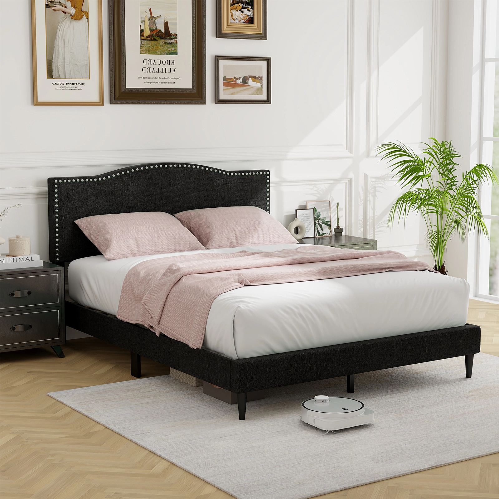 SUGIFT Queen Upholstered Platform Bed Frame, Linen Headboard, Nailhead Trim, Black