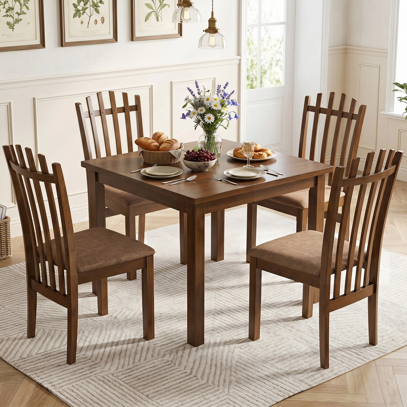 SUGIFT Set of 4 Walnut Rubber Wood Slat Back Dining Chairs