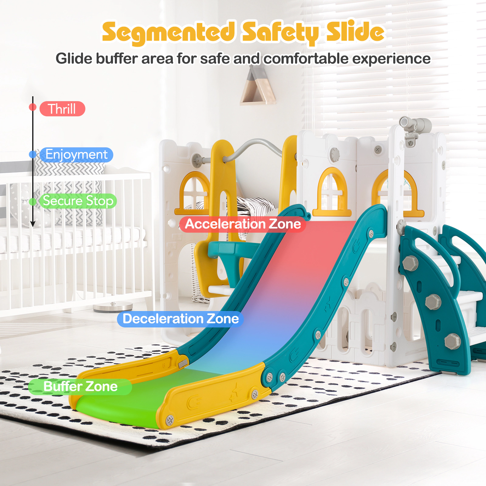 SUGIFT Yellow Ladder and Basketball Hoop 7-in-1 Toddler Swing and Slide Set L-Shaped