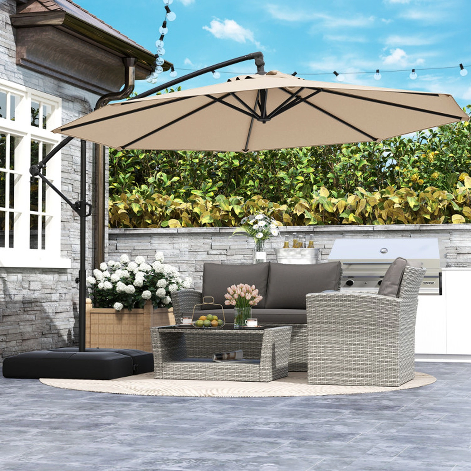 SUGIFT 10-ft Beige Offset Cantilever Patio Umbrella with 220-lb Fillable Base Sealed Hinge and Silent Crank