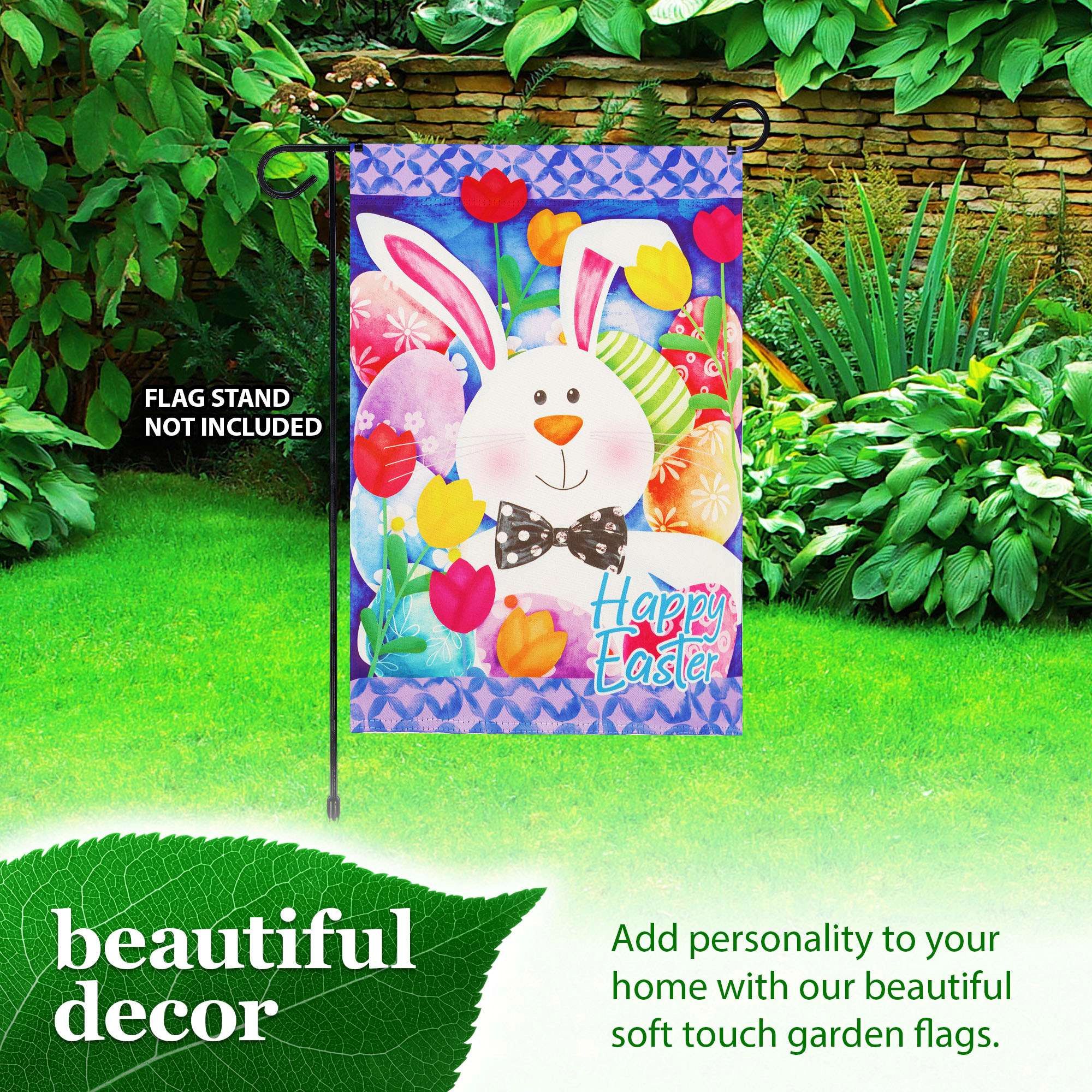 G128 Happy Easter Bunny Tulips Garden Flag 12x18 in Double-Sided Spring Yard Decoration