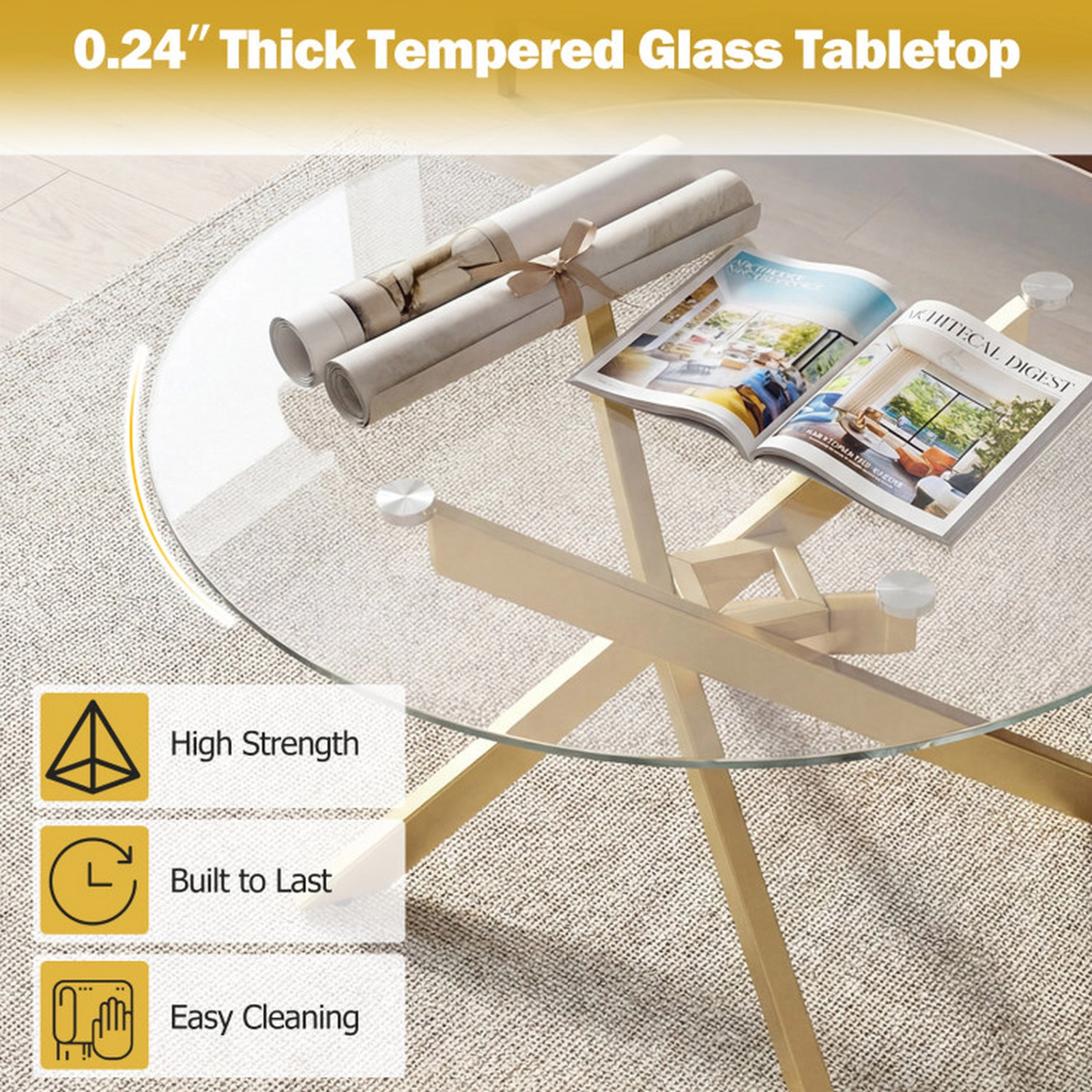 SUGIFT Round Tempered Glass Top Crossed Metal Legs Coffee Table 31.5-in x 31.5-in x 17.5-in 110-lb Capacity Gold