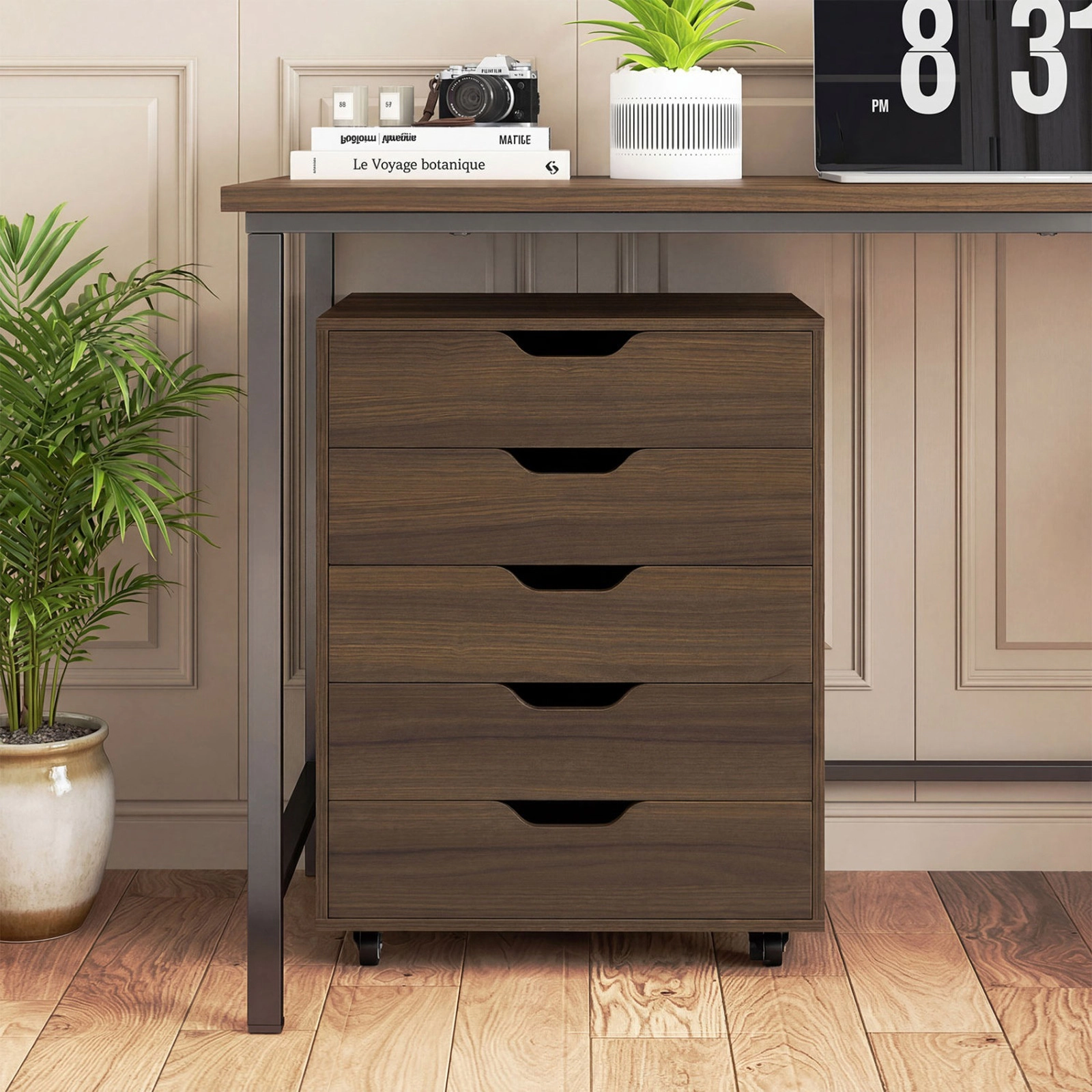SUGIFT Walnut Locking Wheels for Home Office 5 Drawer Mobile File Cabinet