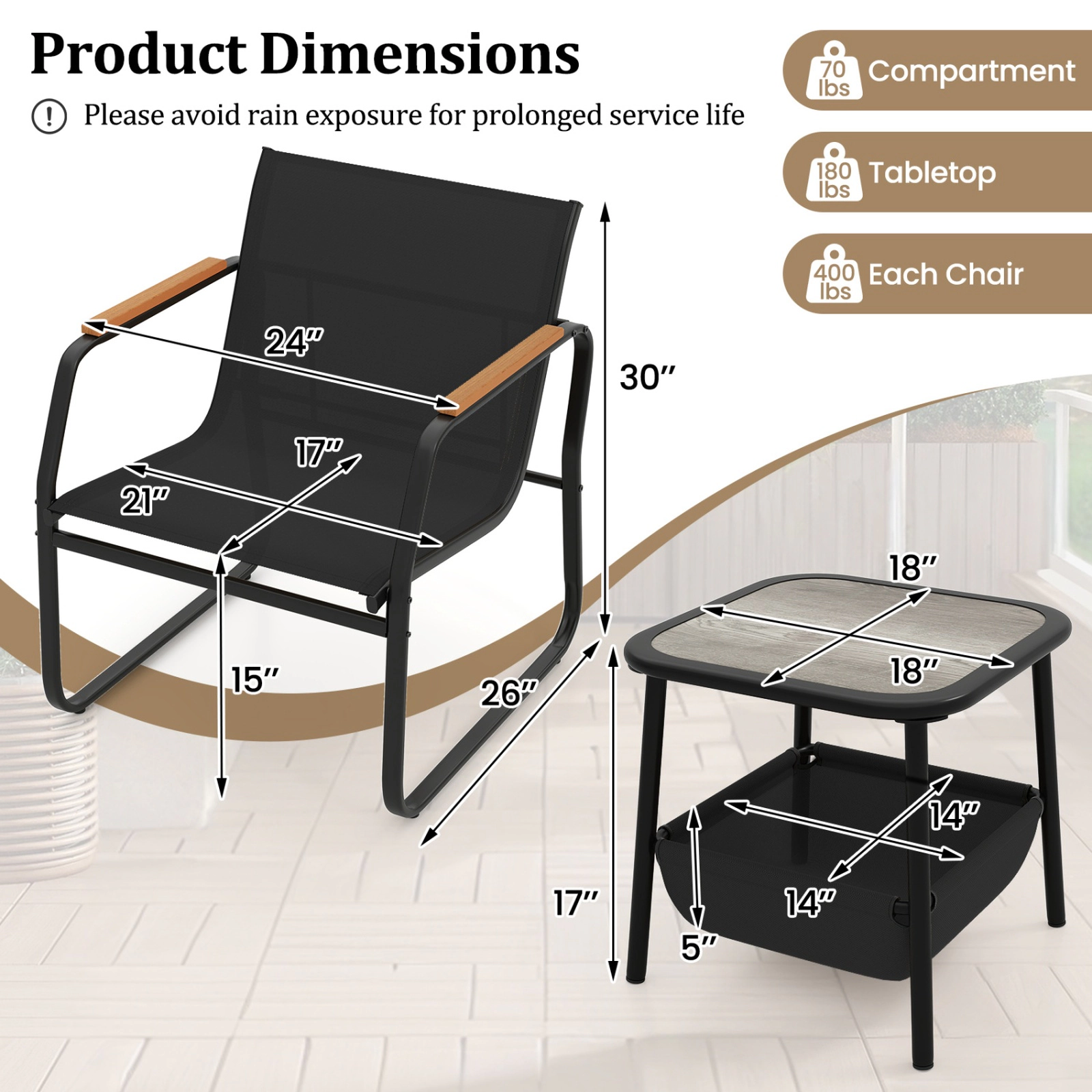 SUGIFT 3-Piece Brown Mesh Patio Bistro Set with 2 Armchairs and Storage Side Table