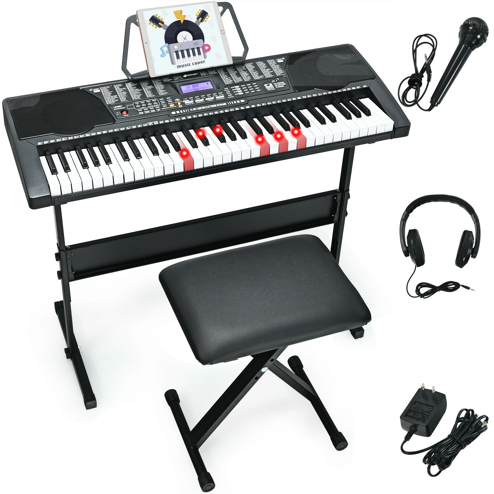 SUGIFT 61-Key 330-lb Stool Capacity Electronic Keyboard Piano with 3-Height Stand and 61 Light-Up Keys