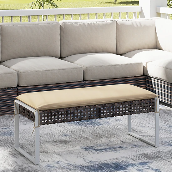 SUGIFT 43 in Patio Ottoman Beige Wicker Foot Rest with Metal Legs and Cushion