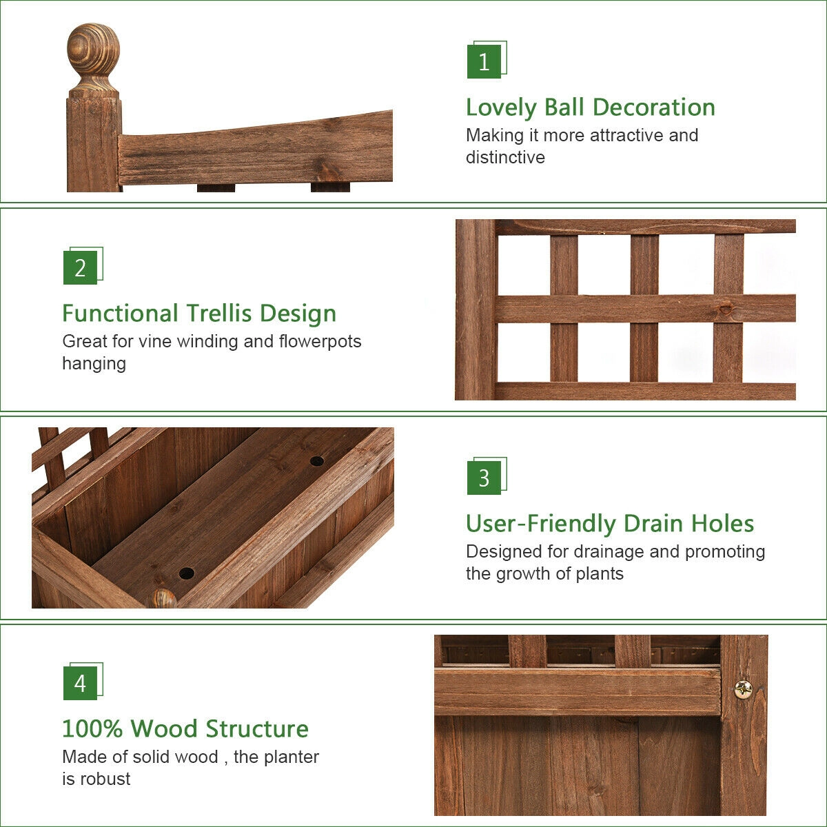 SUGIFT Dark Brown Fir Wood Planter Box with Built-In Trellis and 2 Drainage Holes 25-in W 11-in D 30-in H