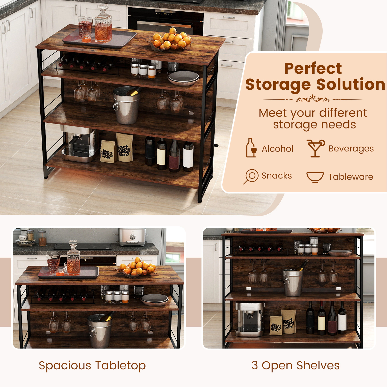 SUGIFT 4-Tier Mini Bar Kitchen Island Coffee with Full-Width Footrest and Wine Rack
