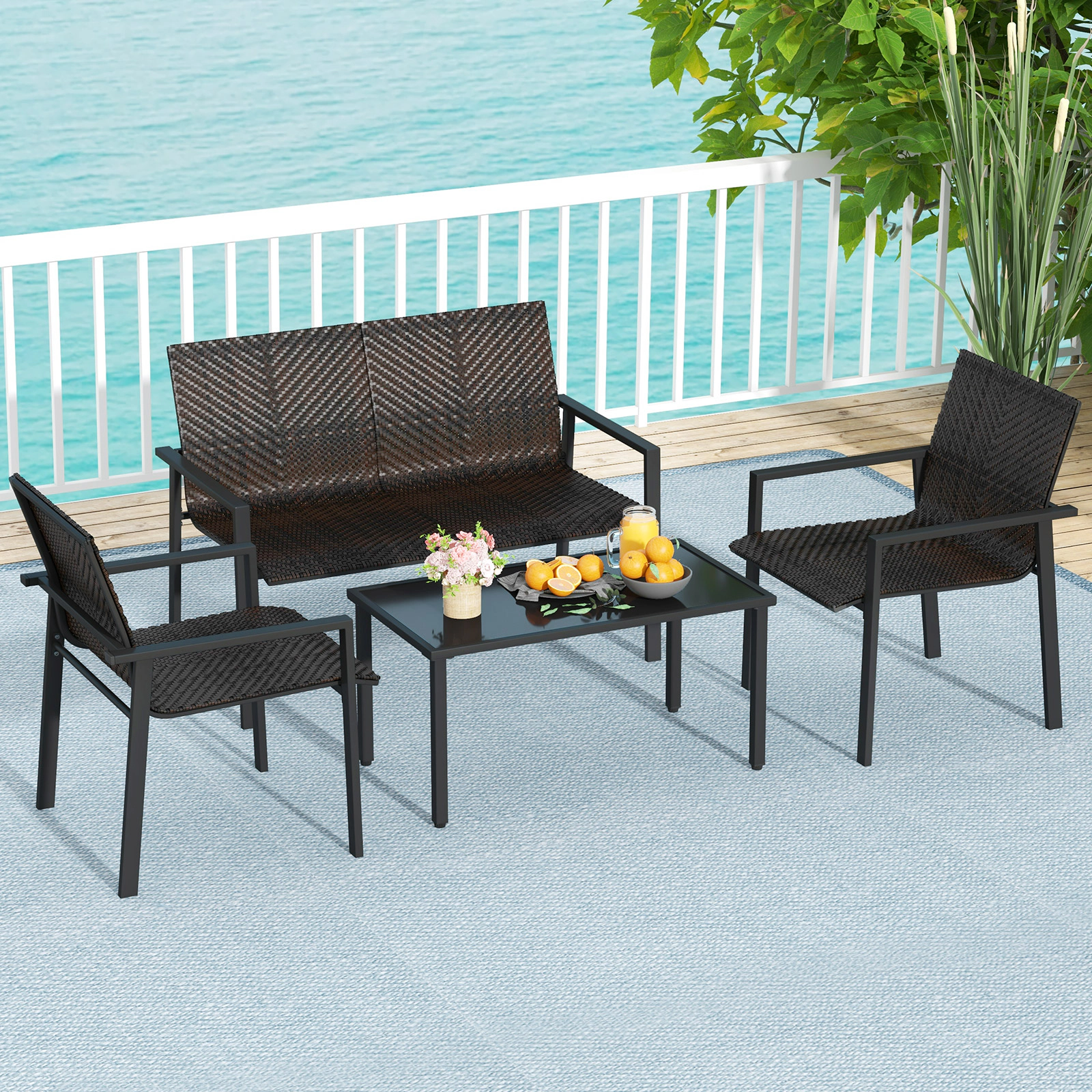 SUGIFT Galvanized Metal Frame and Machine-Woven Rattan 4-Piece Brown Patio Furniture Set