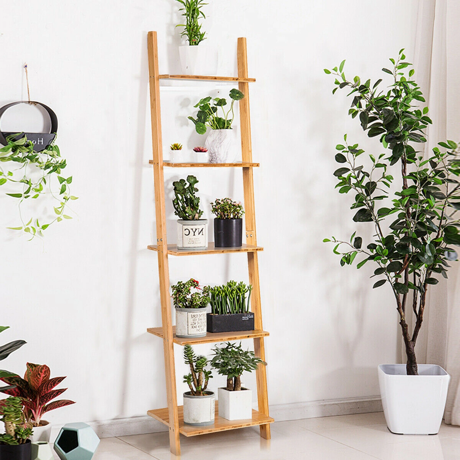 SUGIFT 5-Tier Natural 65-in Tall Leaning Bamboo Ladder Shelf Bookshelf with Display Rack and Plant Shelf