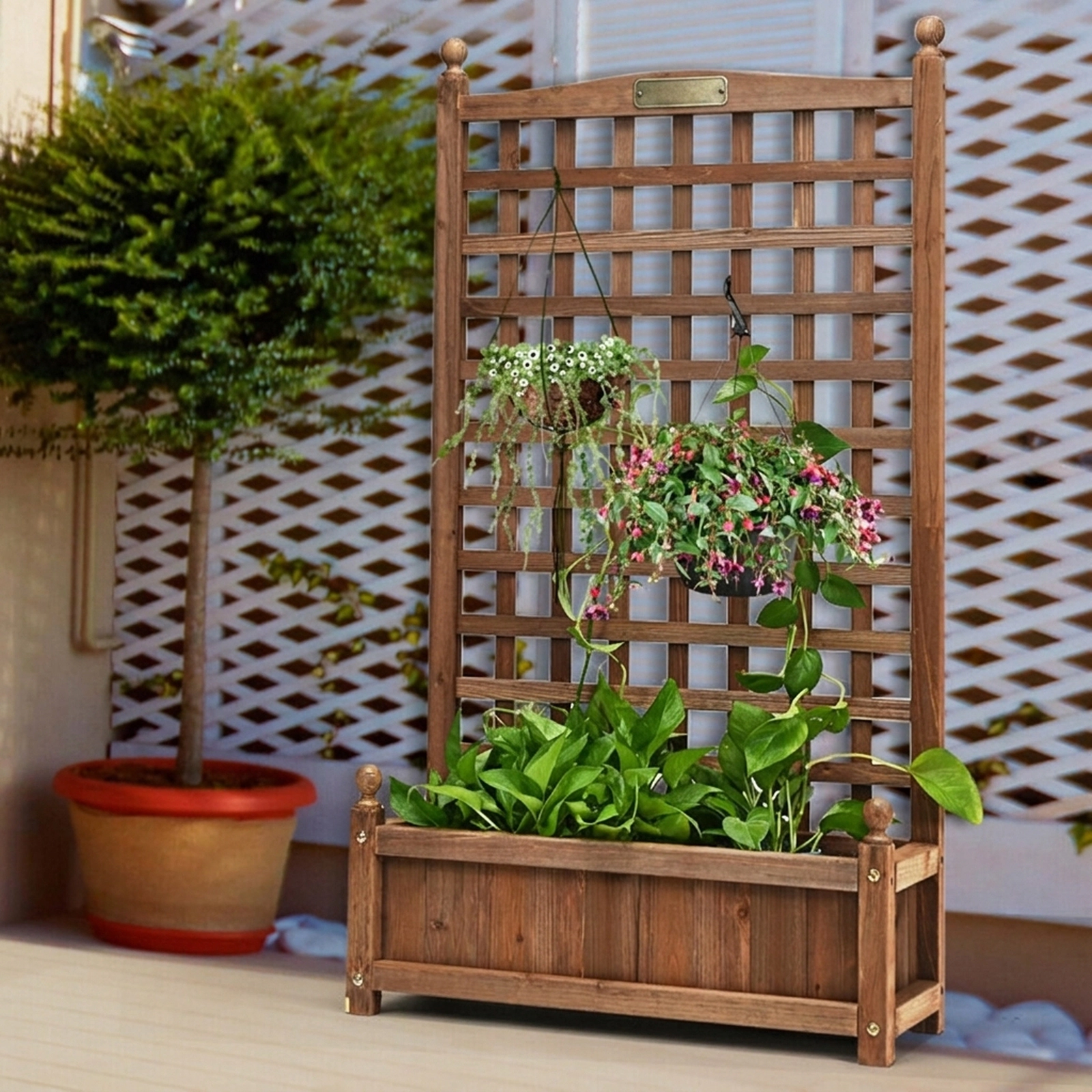 SUGIFT 48-in Tall Dark Brown Fir Wood Free Standing Planter Box with Climbing Trellis and Drain Hole