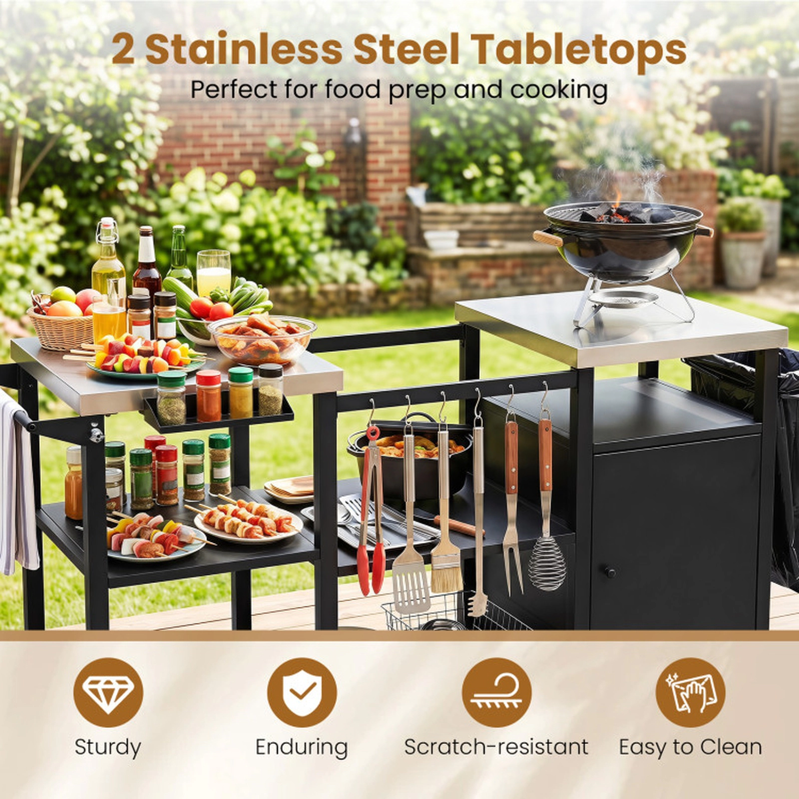 SUGIFT 180-lb Shelf Capacity 77-in Black Outdoor Grill Cart with Stainless Tops Cabinet and 6 Hooks