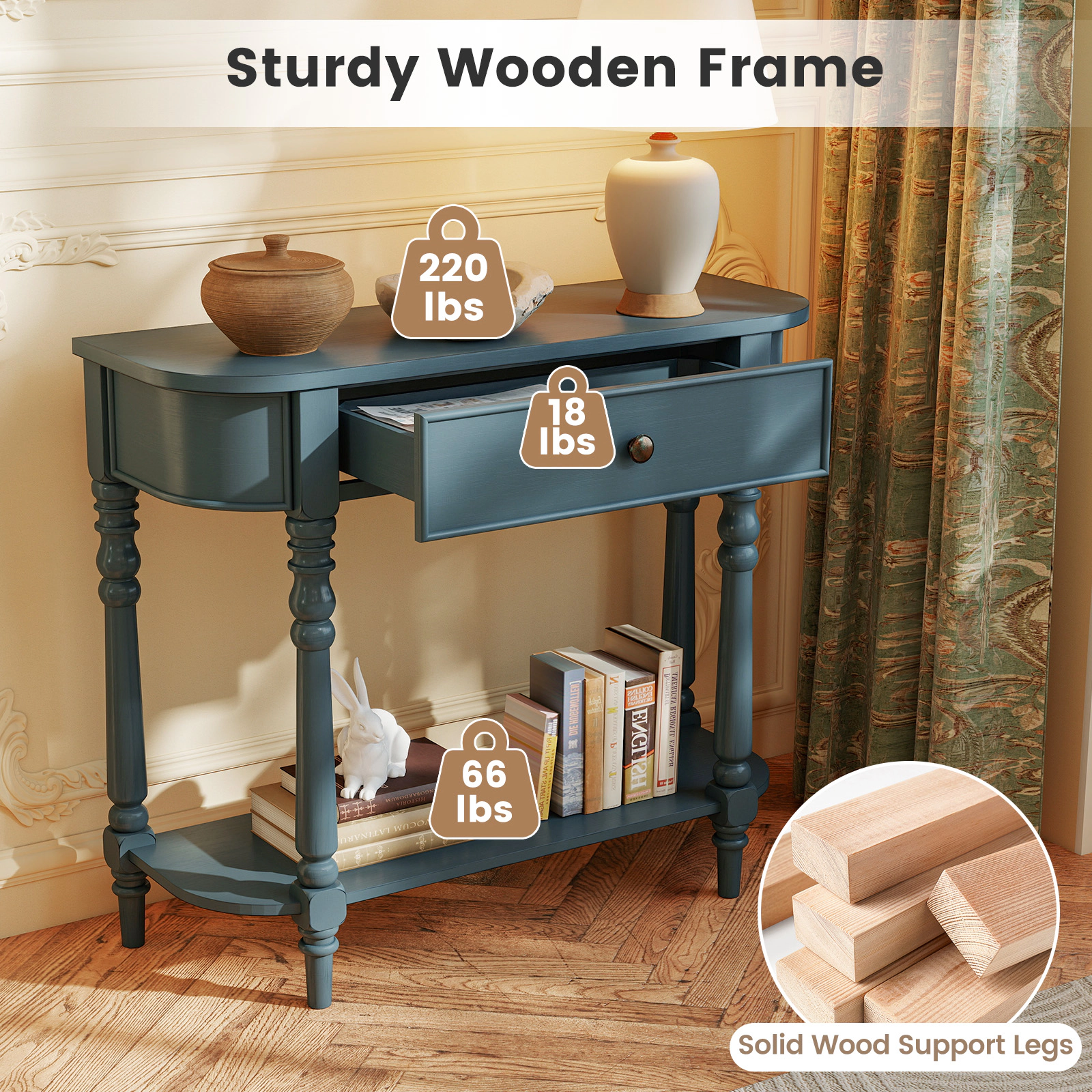 SUGIFT 2-Tier Turned Solid Wood Legs Storage Drawer Retro Console Table 36-in x 13-in x 31-in 220-lb Capacity Blue