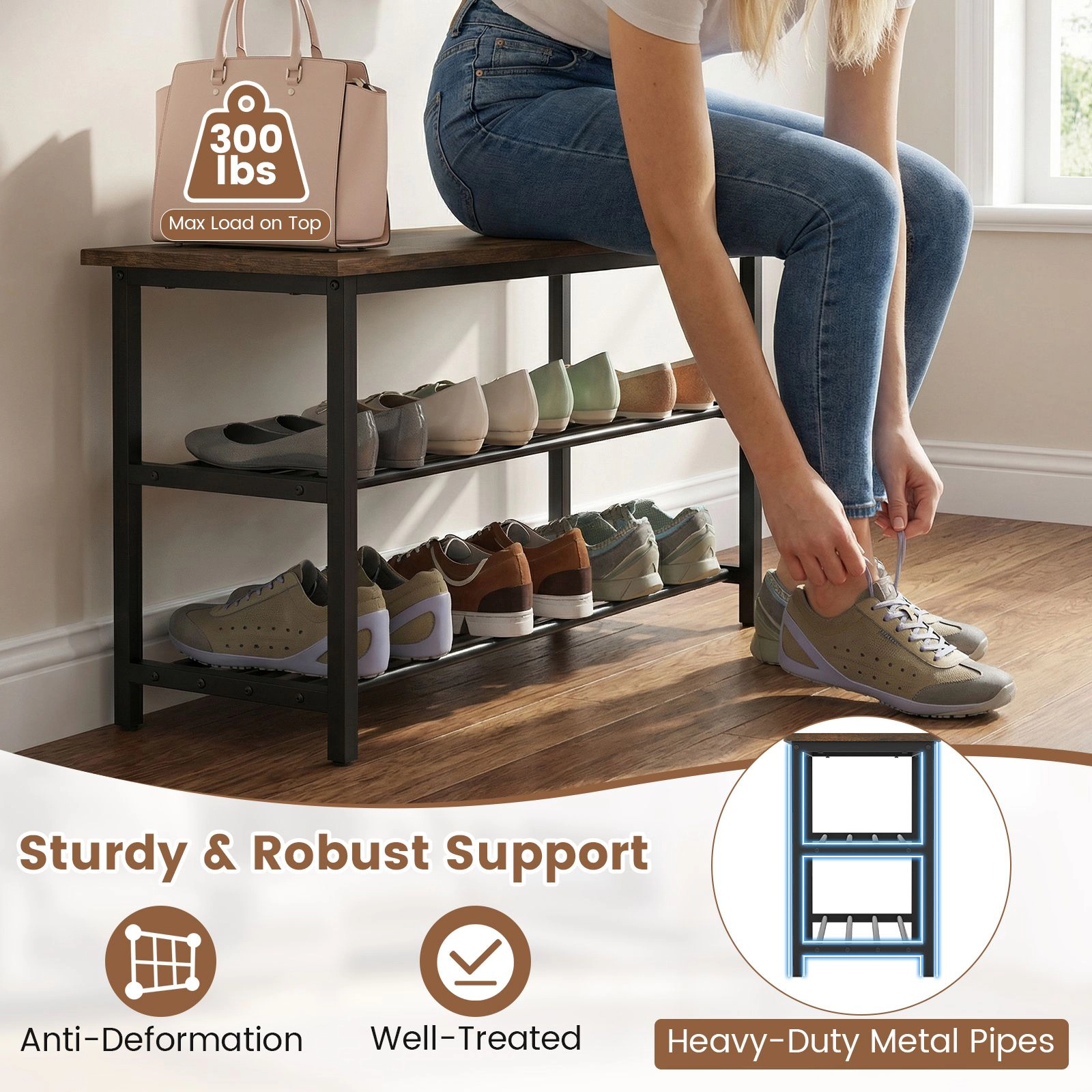 SlickBlue 3 Tier Shoe Rack Bench with Wooden Seat and Metal Shelves