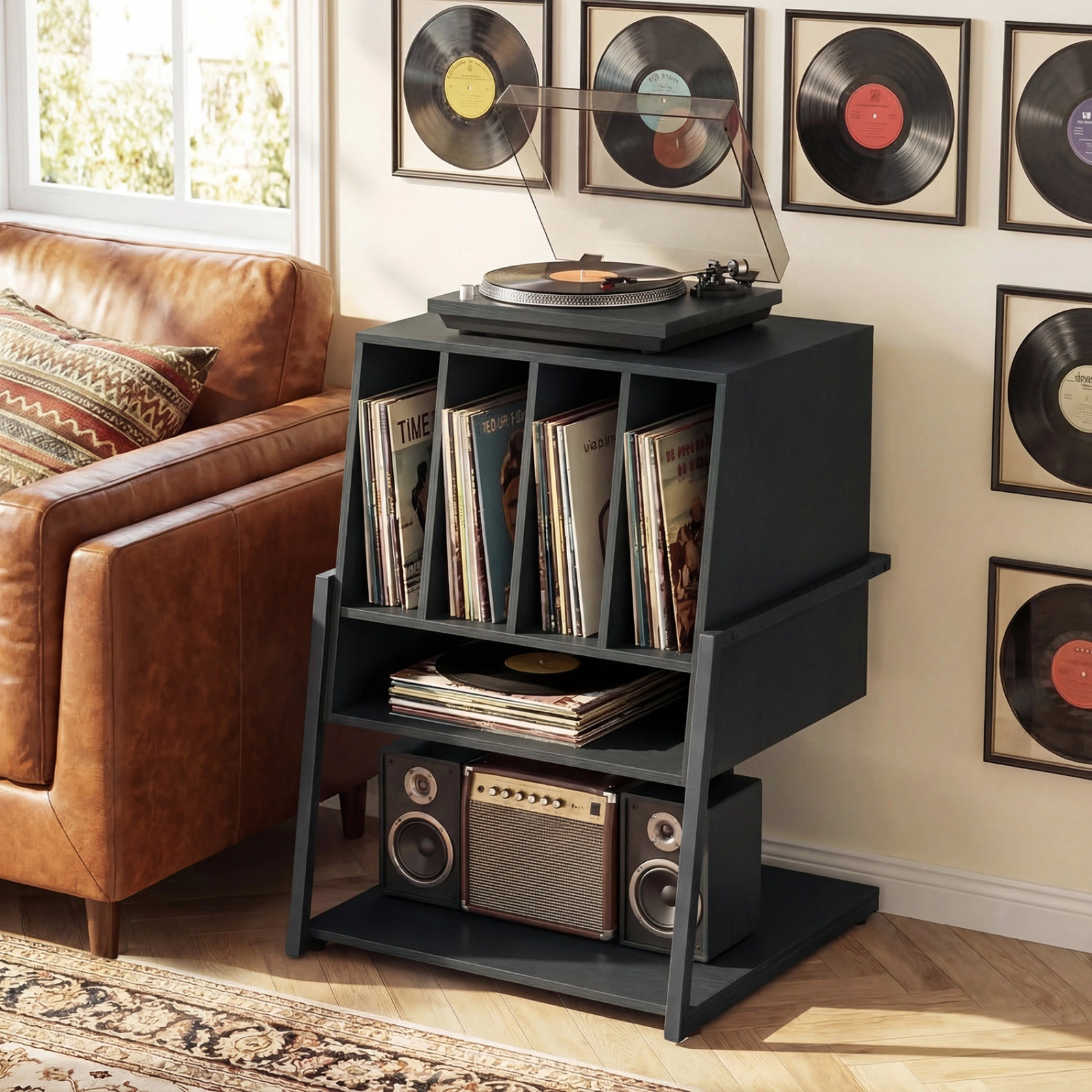 SUGIFT Rolling Record Player Stand Black on Wheels with Side Power Outlets