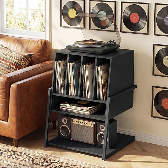 SUGIFT Rolling Record Player Stand Black on Wheels with Side Power ...