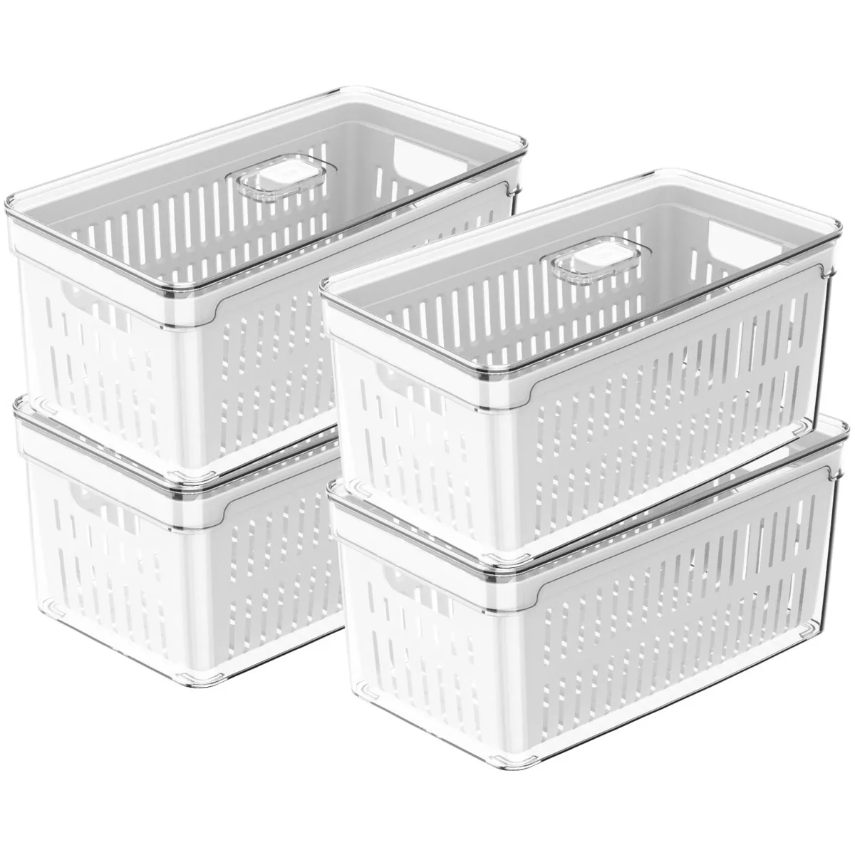 OU Fridge Organizer Bin w/ Drain Basket & Vented Lid, Clear Stackable Refrigerator Storage Container, BPA Free, 4 Pack