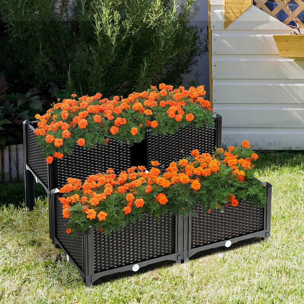 SUGIFT Set of 4 Elevated Self-Watering Flower Vegetable Herb Grow Planter Boxes 45-lb Capacity Brown