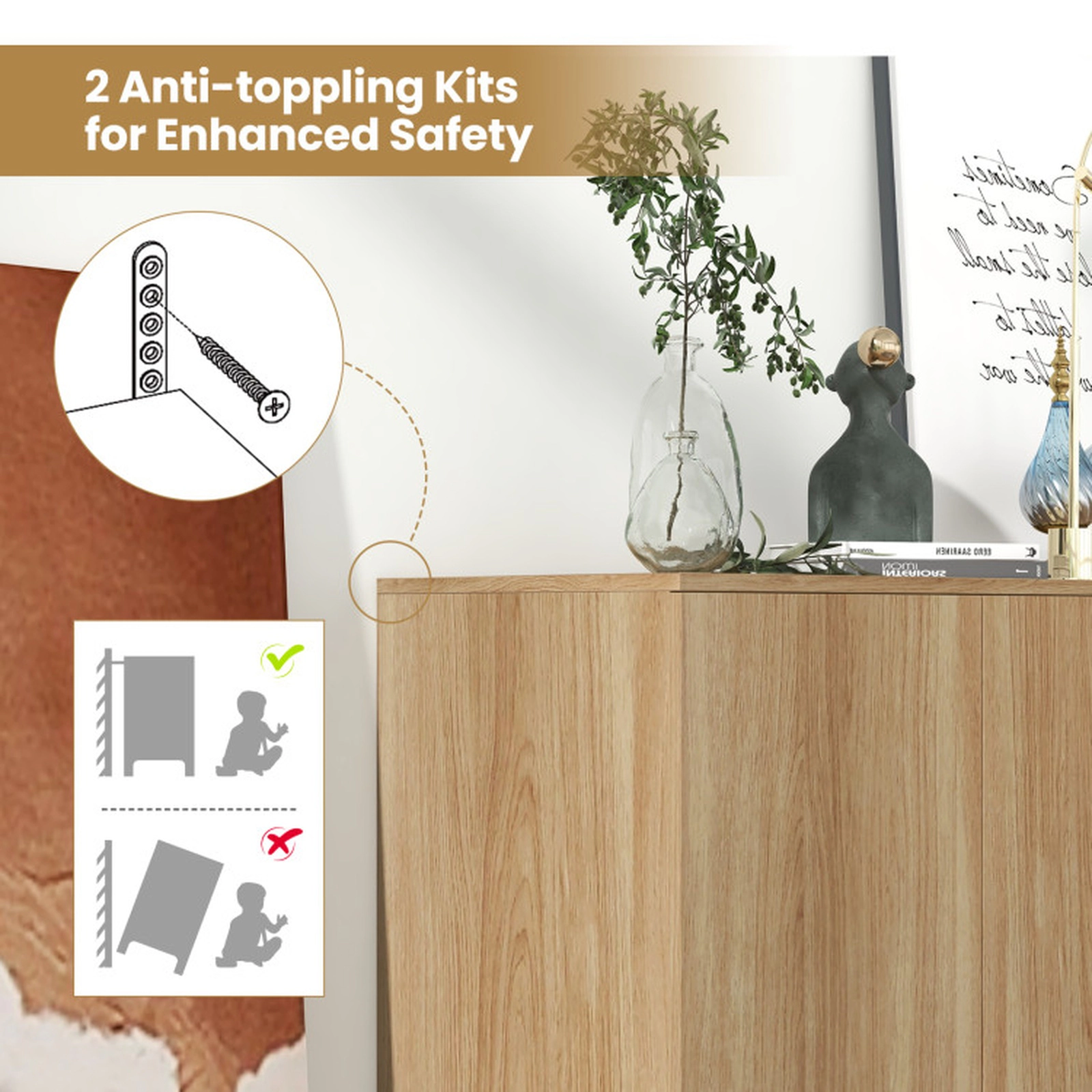 SUGIFT 4-Cube Push-to-Open Doors Adjustable Shelf Buffet Sideboard 63-in x 16-in x 29.5-in 105-lb Net Weight Natural