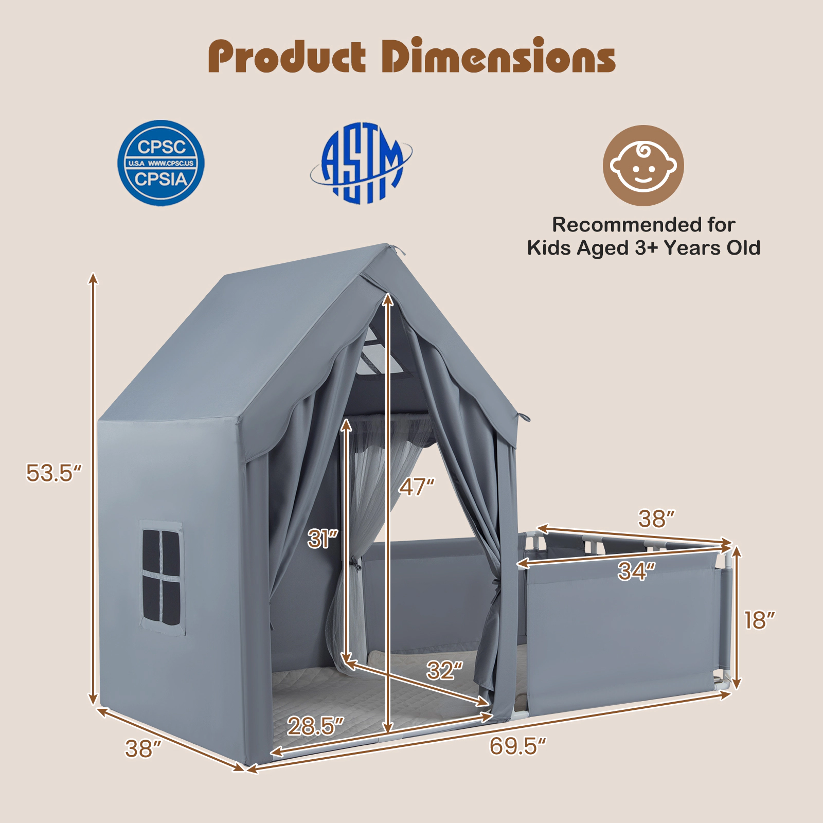 SUGIFT Gray Attached Playpen Toddler Playhouse and Star Lights 2-in-1 Kids Play Tent