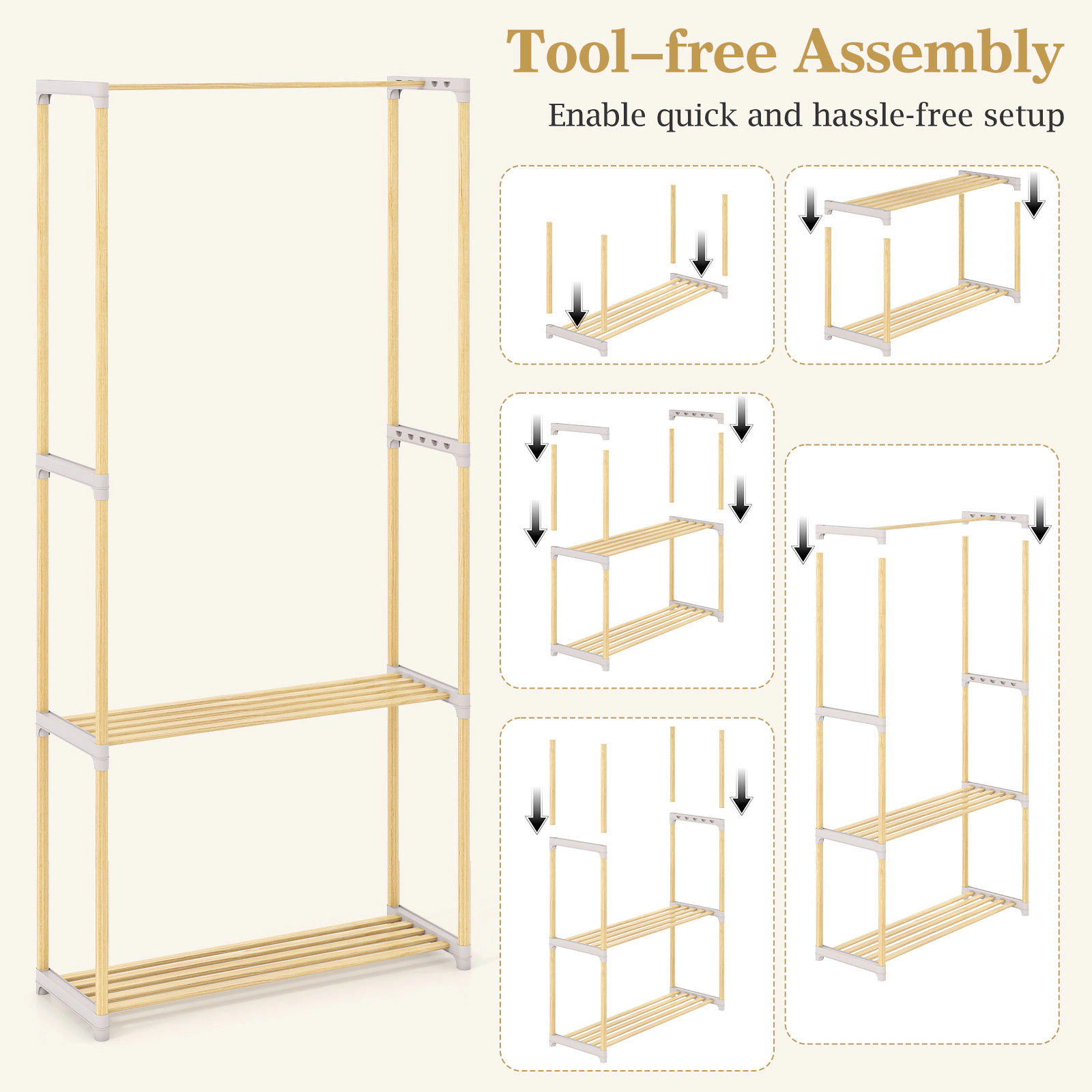 SUGIFT 59-in Natural Gray Solid Pine Wood Clothes Rack Garment Stand with 2-Tier Open Storage Shelf