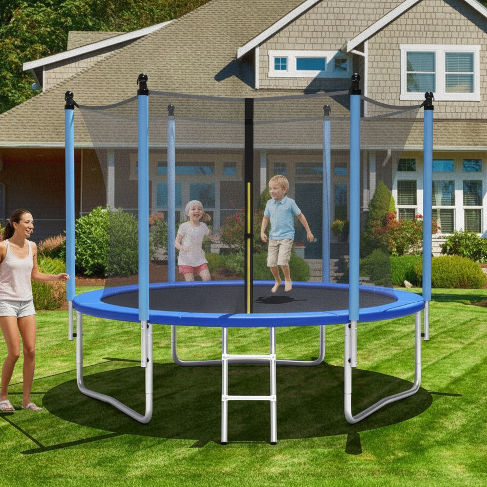 14-ft Trampoline Safety Enclosure Net Ladder Ages 6+ U-Shaped Legs ASTM Certified Outdoor Recreational Trampoline