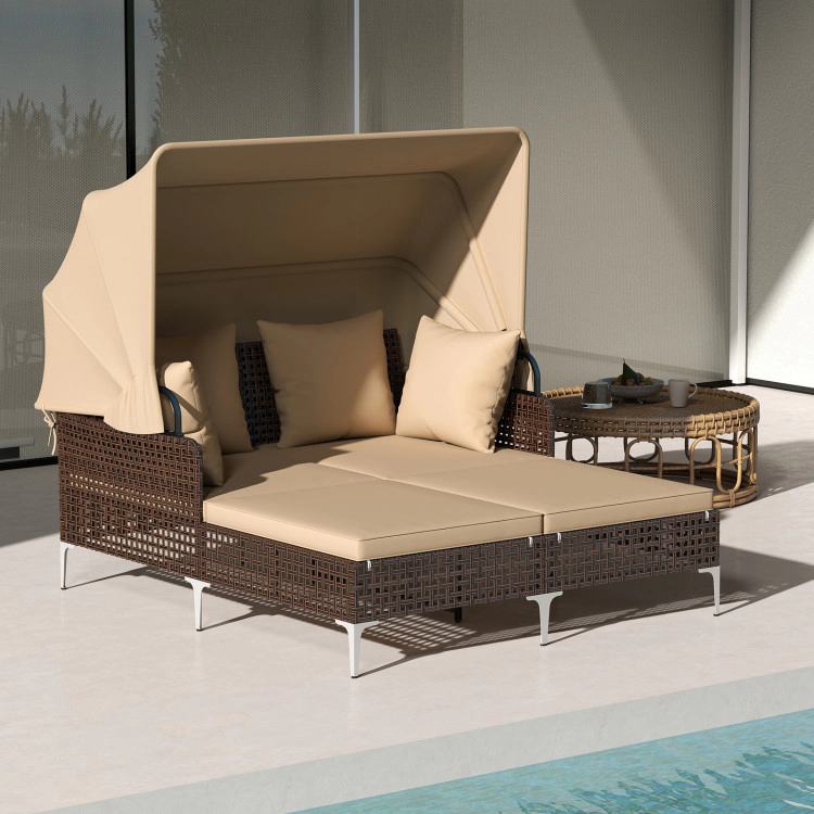 Hivvago Outdoor Daybed With Retractable Canopy Pe Wicker Rattan Patio Lounger