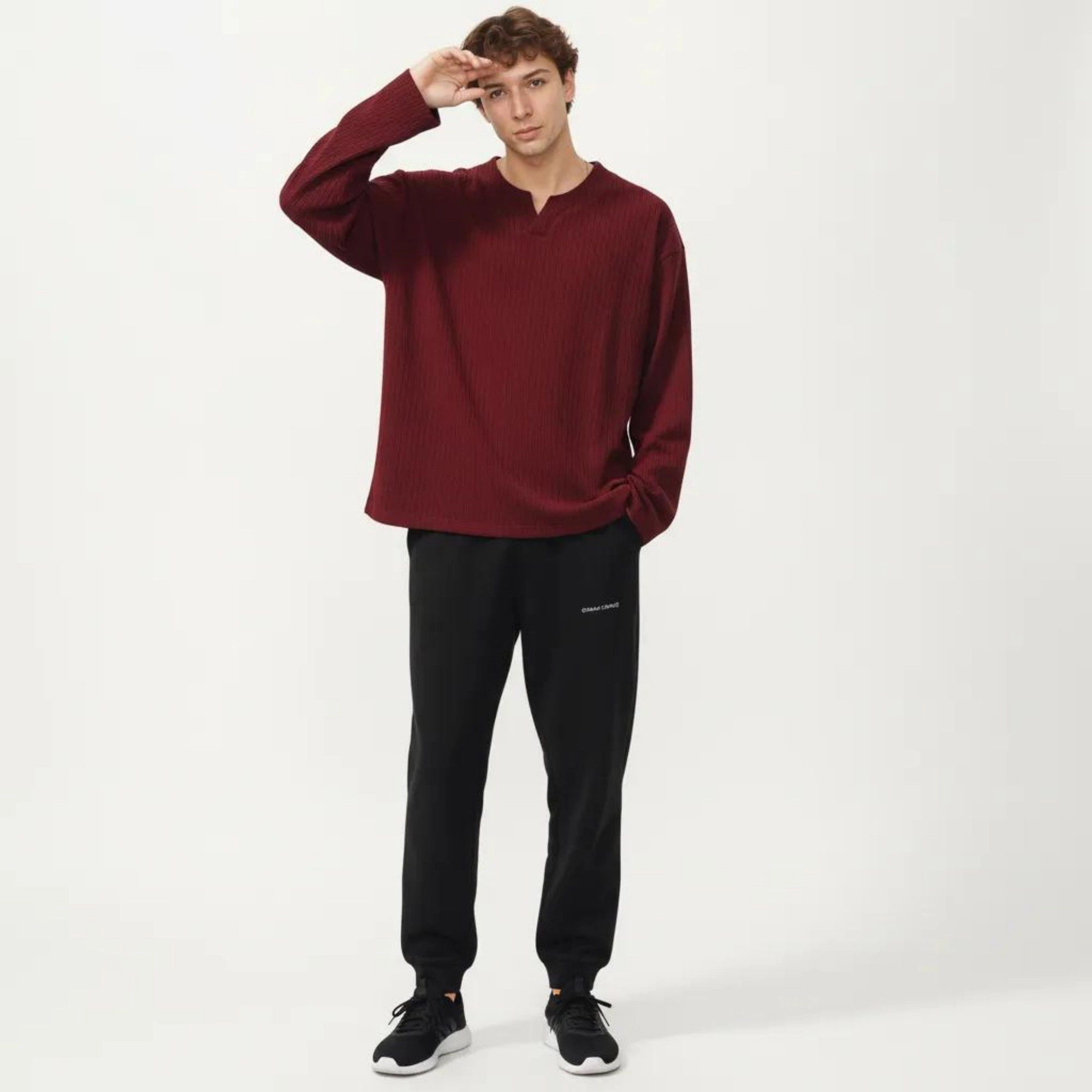 Anna-Kaci Men's Ribbed Long Sleeve Split Neck Top with Relaxed Fit