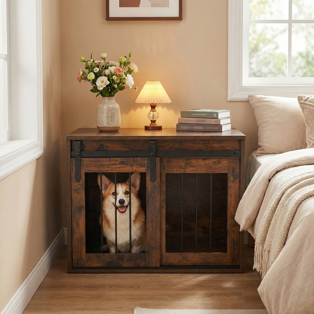 SUGIFT Rustic Brown Dog Crate Furniture Kennel with Space-Saving Sliding Barn Door and Metal Side Slats