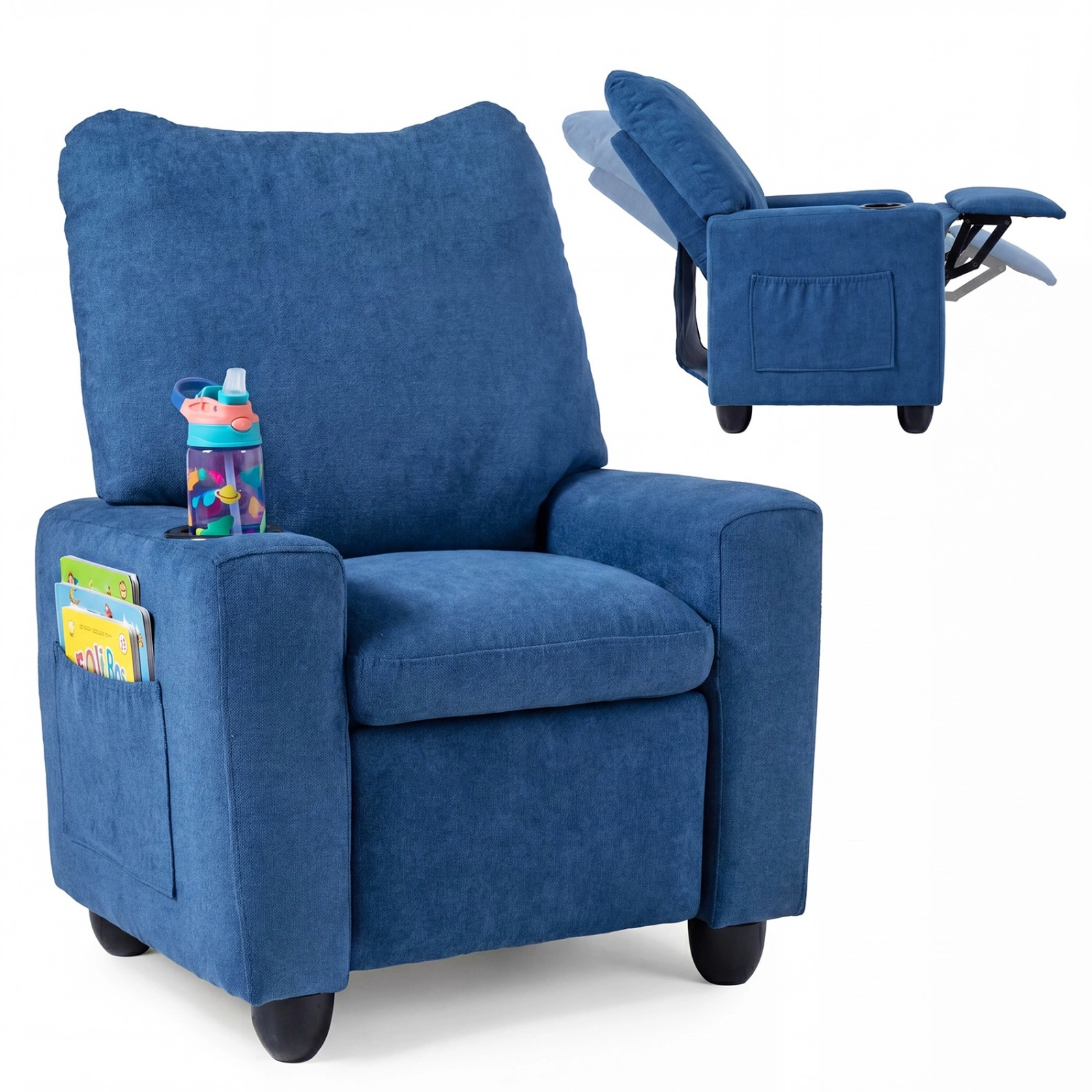 SUGIFT Kids Chenille Fabric Cup Holder Pop Out Footrest Recliner 24-in x 20.5-in x 30-in 150-lb Capacity Ages 3+ Navy