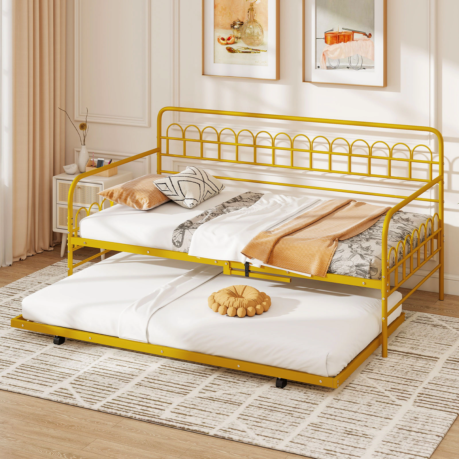 Twin Size Metal Daybed with Trundle Gold Sofa Bed Frame with Curved Backrest Armrests 26 Steel Slats