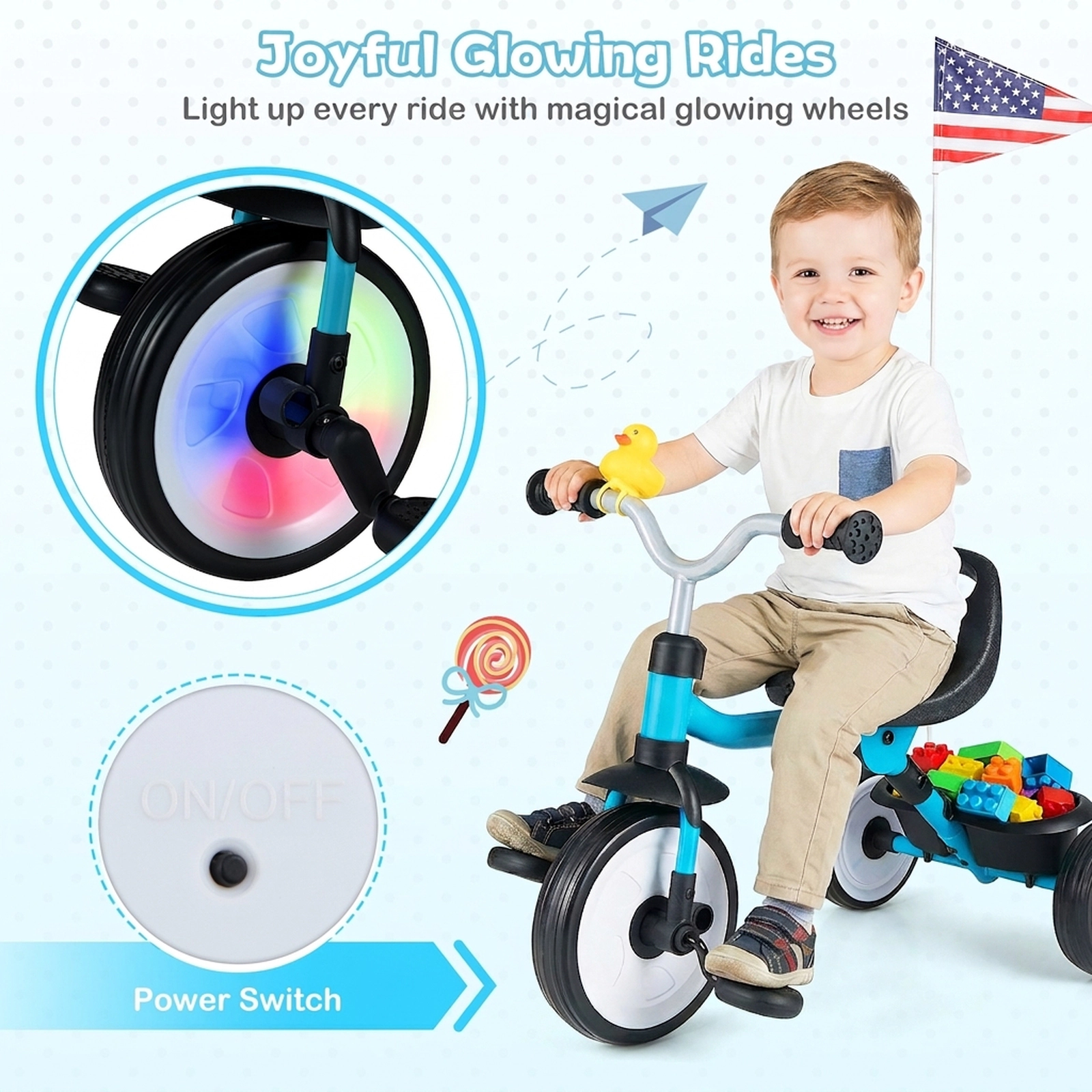Toddler Tricycle with Light-Up Wheels 3-Position Seat and Folding Frame for Ages 1-3 Rear Basket Squeaky Duck Kids Trike