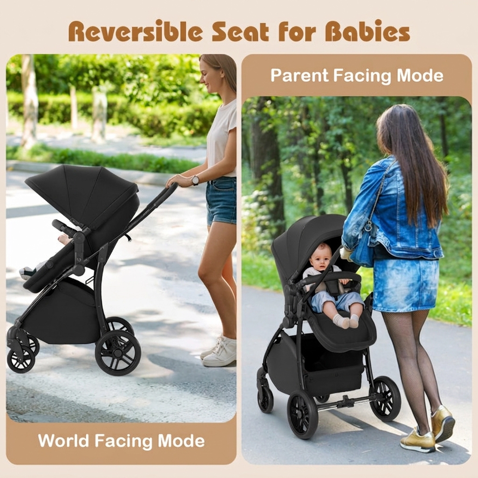 SUGIFT Black 2-in-1 33-lb Capacity High Landscape Baby Stroller with 30-in Bassinet and Reversible Seat