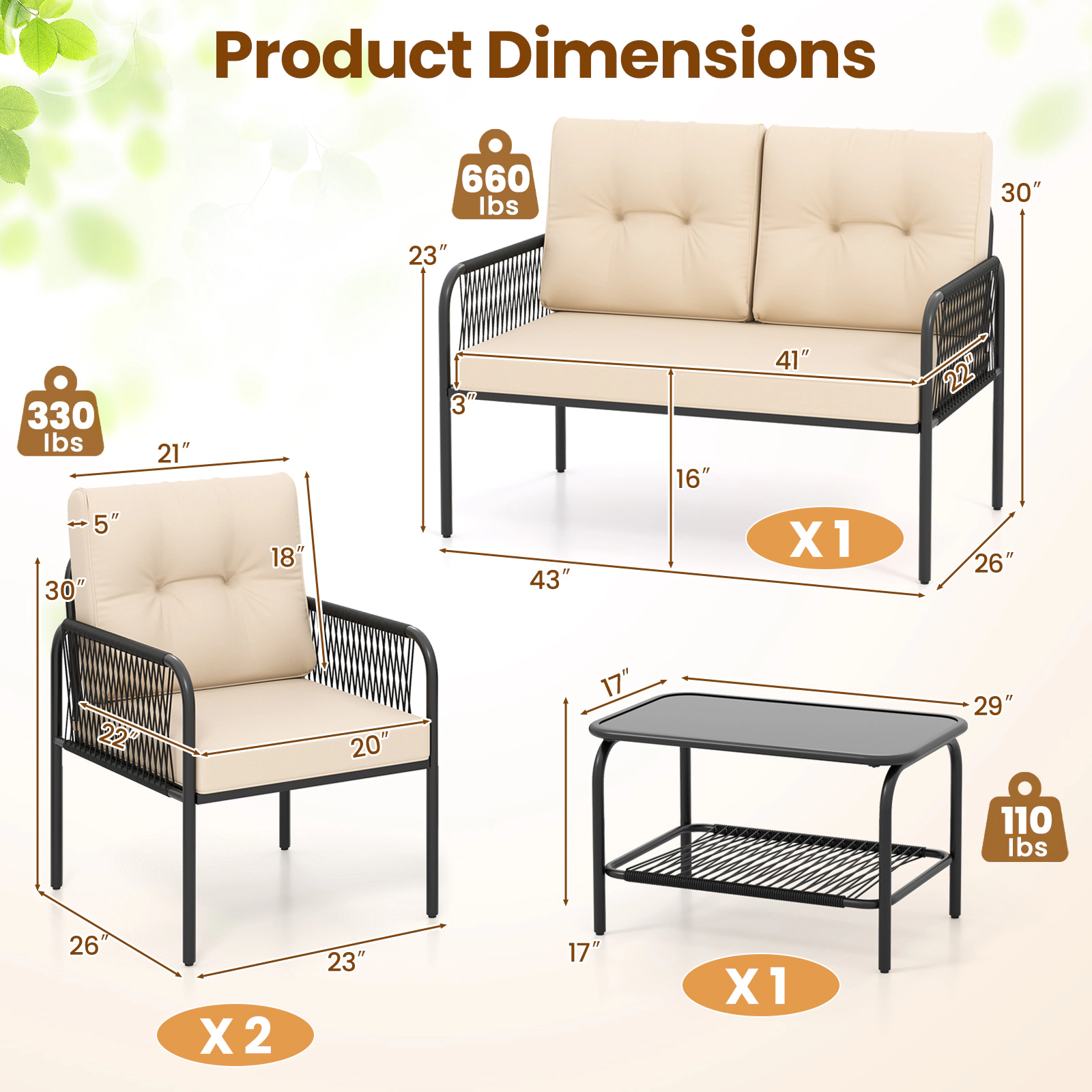 LJG 4 Pieces Patio Furniture Set PE Rattan Sofa Chairs with Loveseat