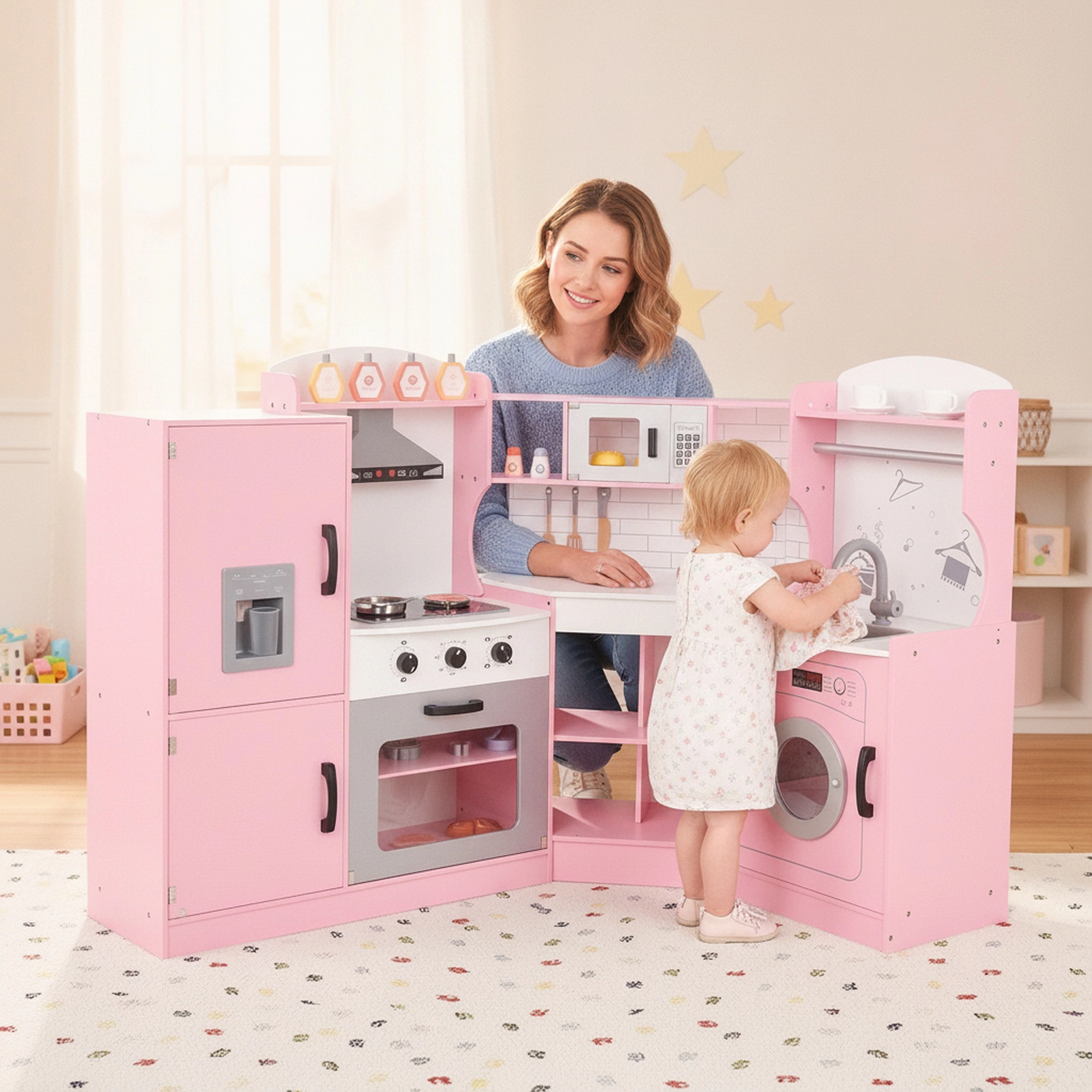 Corner Kids Play Kitchen with Washing Machine Ice Maker Towel Rack and Dual Counter Heights for Ages 3-10 Pink