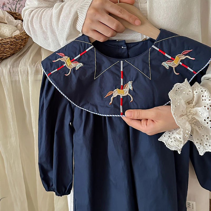 MyKids-USA Preppy Style Autumn Girls Horse Embroidery Collar Long Sleeves Dress