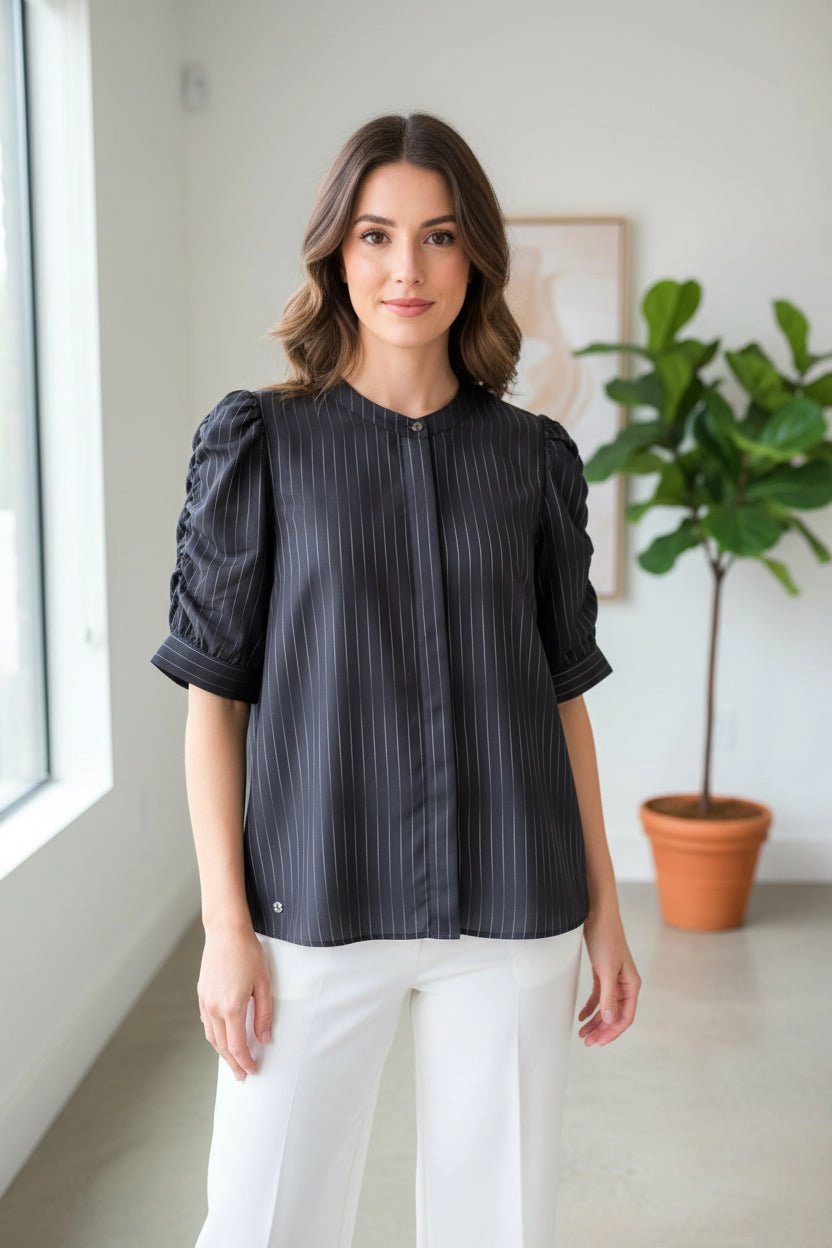 DressAtR Women's Elbow Puff Sleeve Round Neck Button Front Blouse