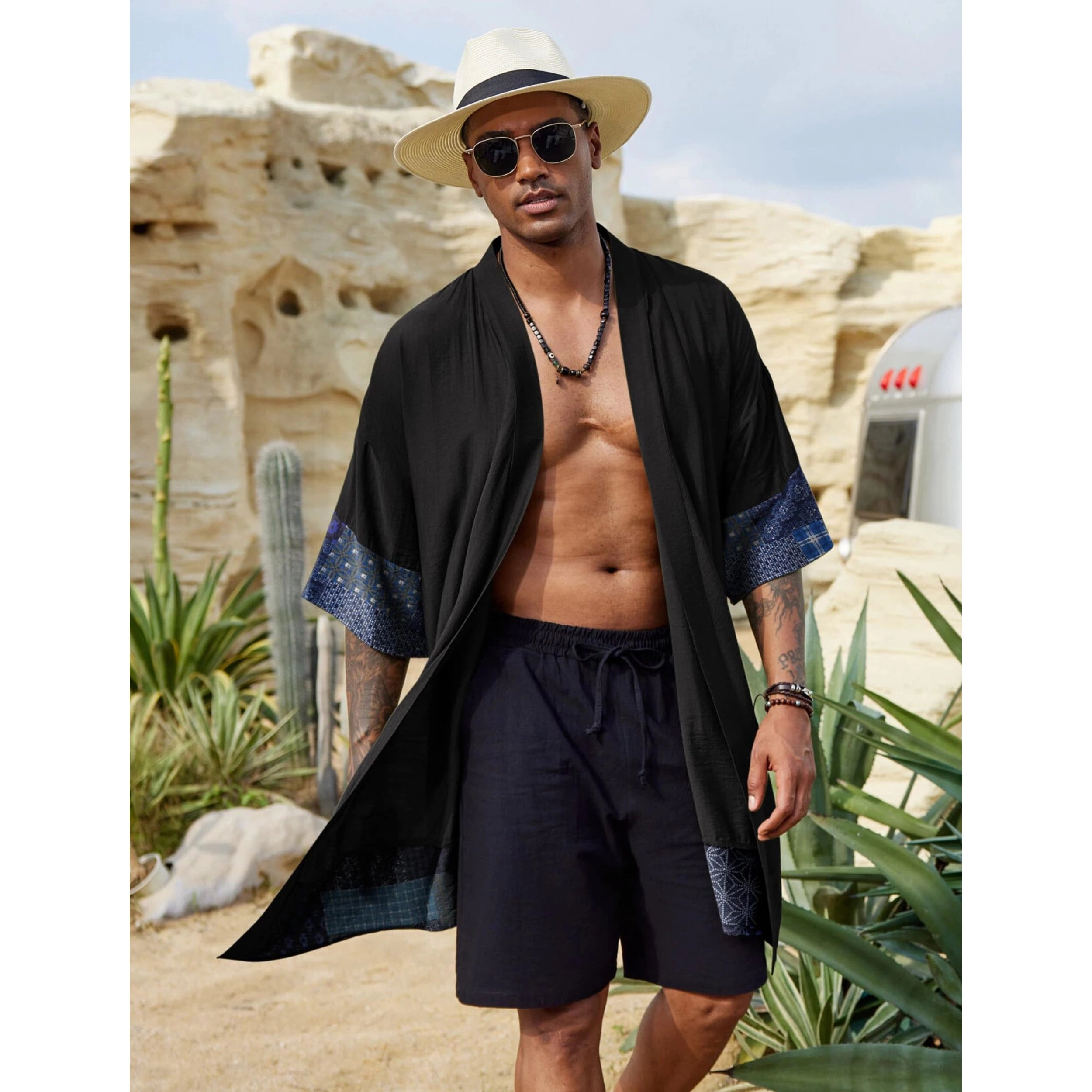 COOFANDY Men's Loose Fit Open Front Elbow Sleeve Kimono Cardigan