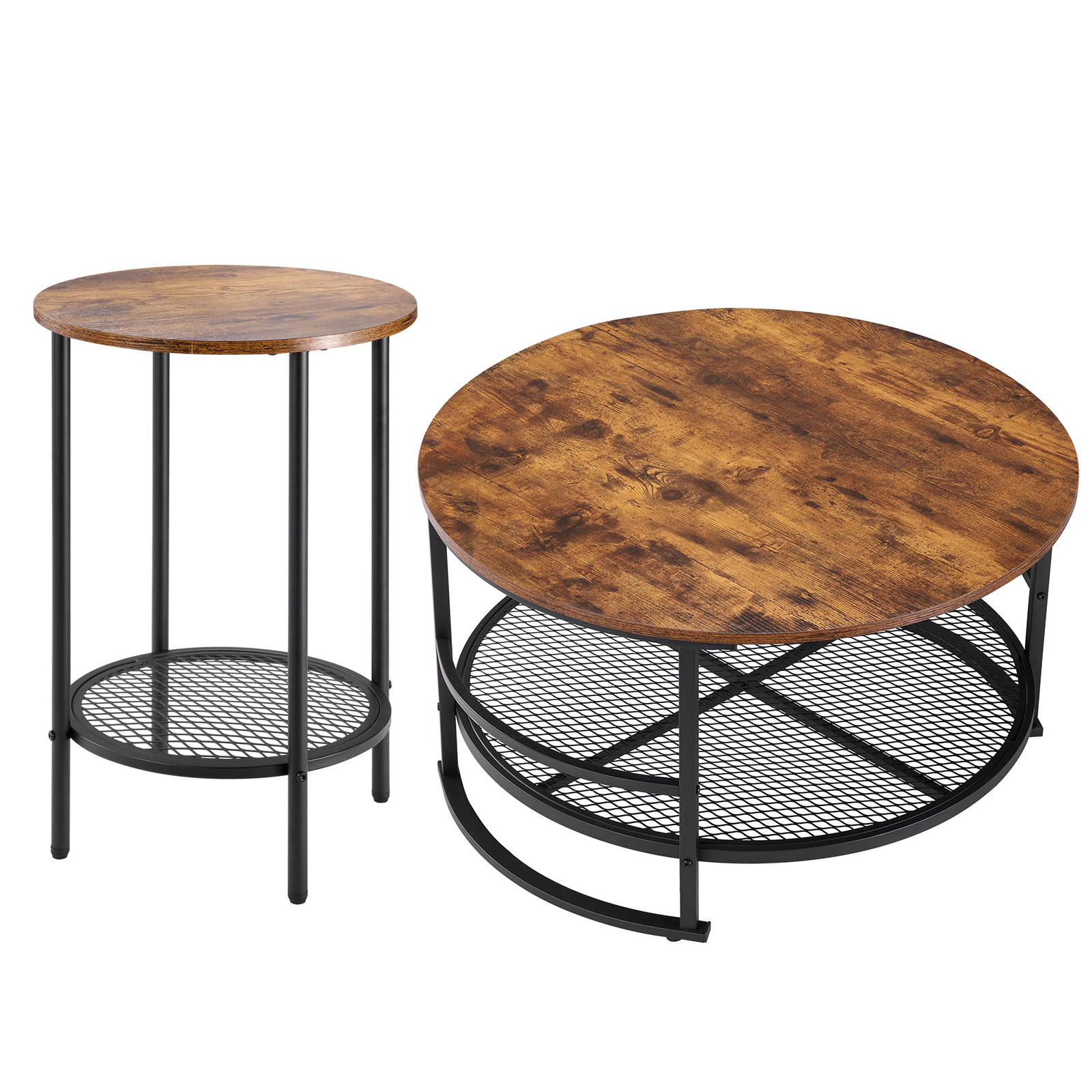 HONGGE 3-Piece Round Coffee Table Set with 2 End Tables, Industrial Wood & Metal Storage Shelf Table Set for Living Room