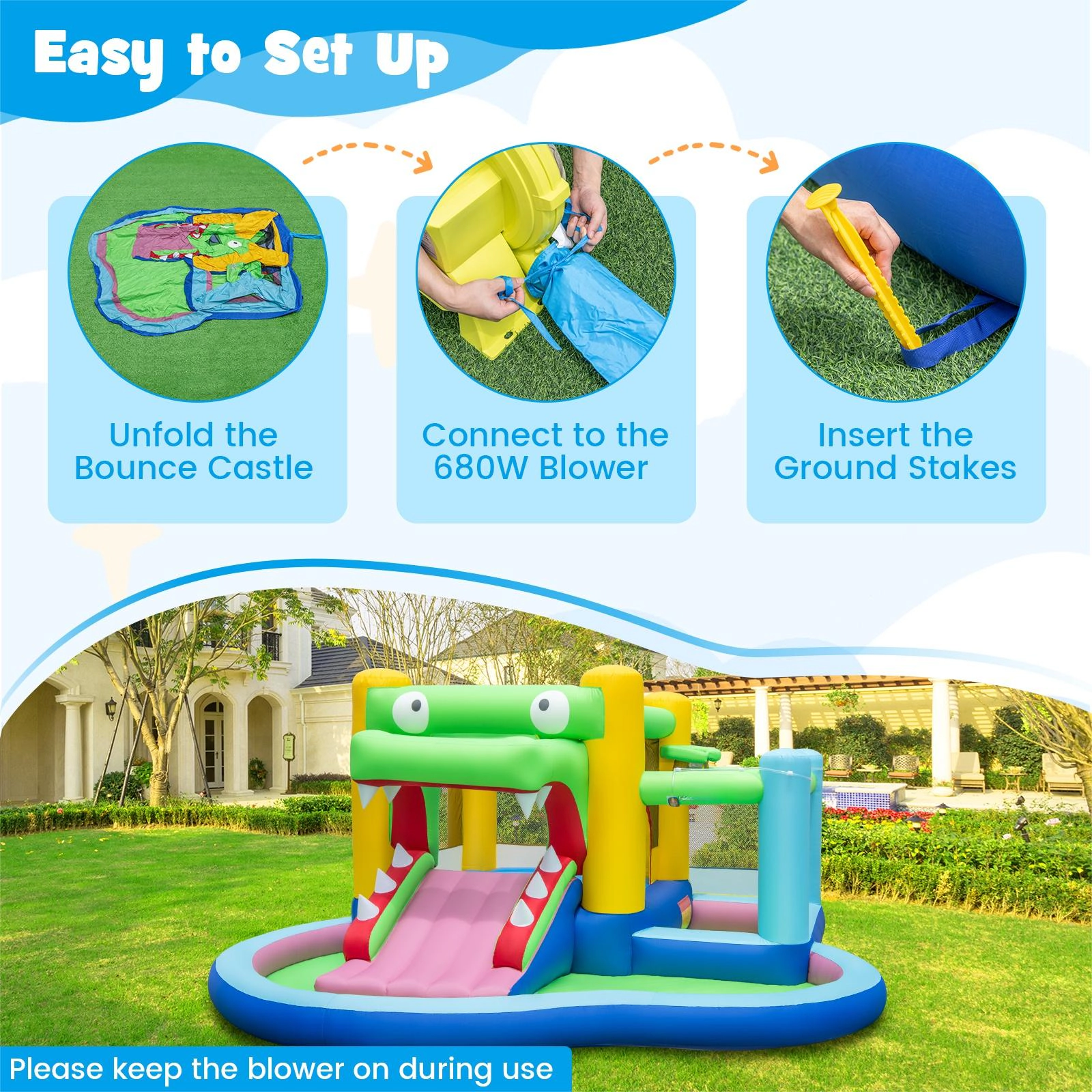 SUGIFT Crocodile 5-in-1 Inflatable Bounce House with Water Slide Ball Pit Sprinkler Pool and 680W Blower